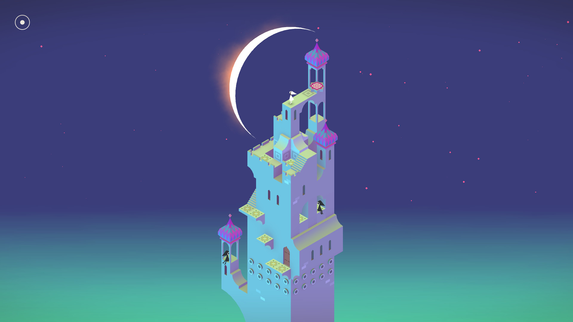 A pastel tower rises beneath a crescent moon in Monument Valley.