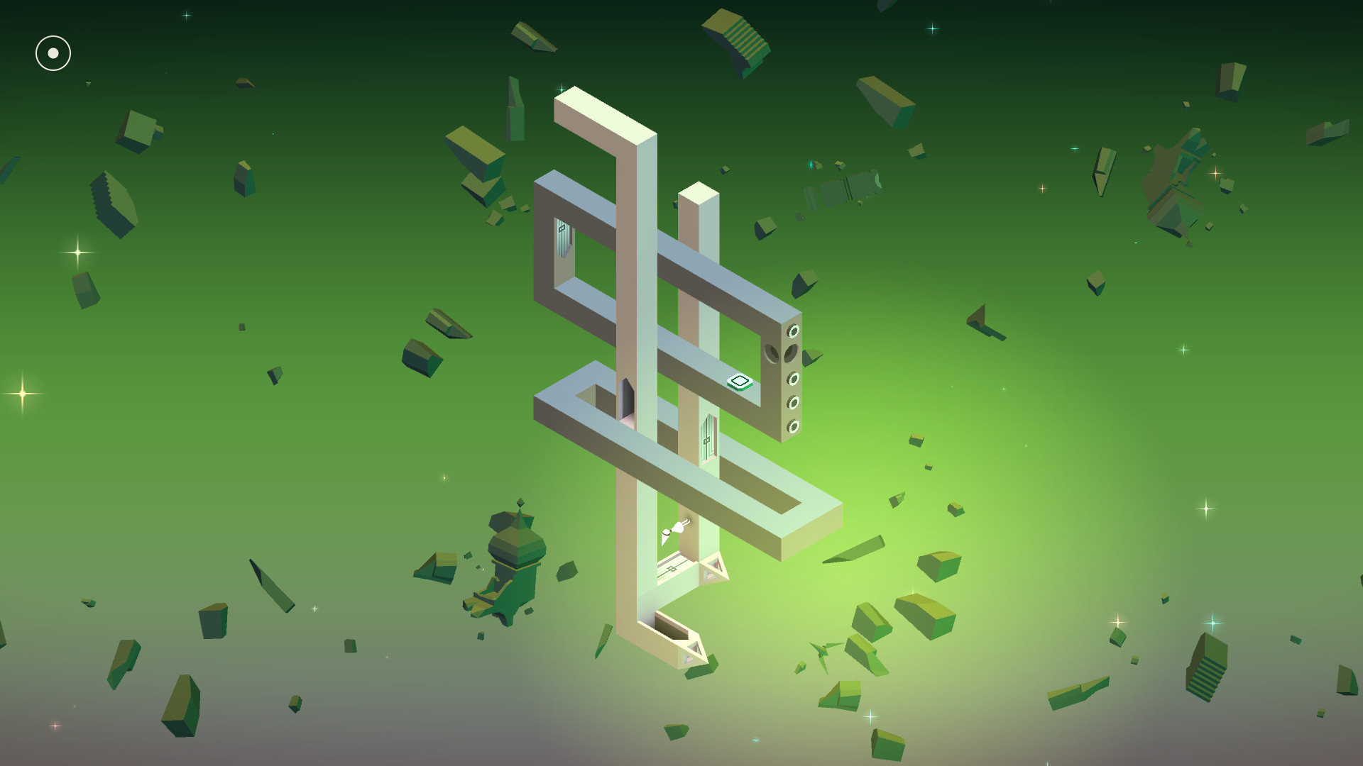Green geometric paths form an impossible-looking structure.
