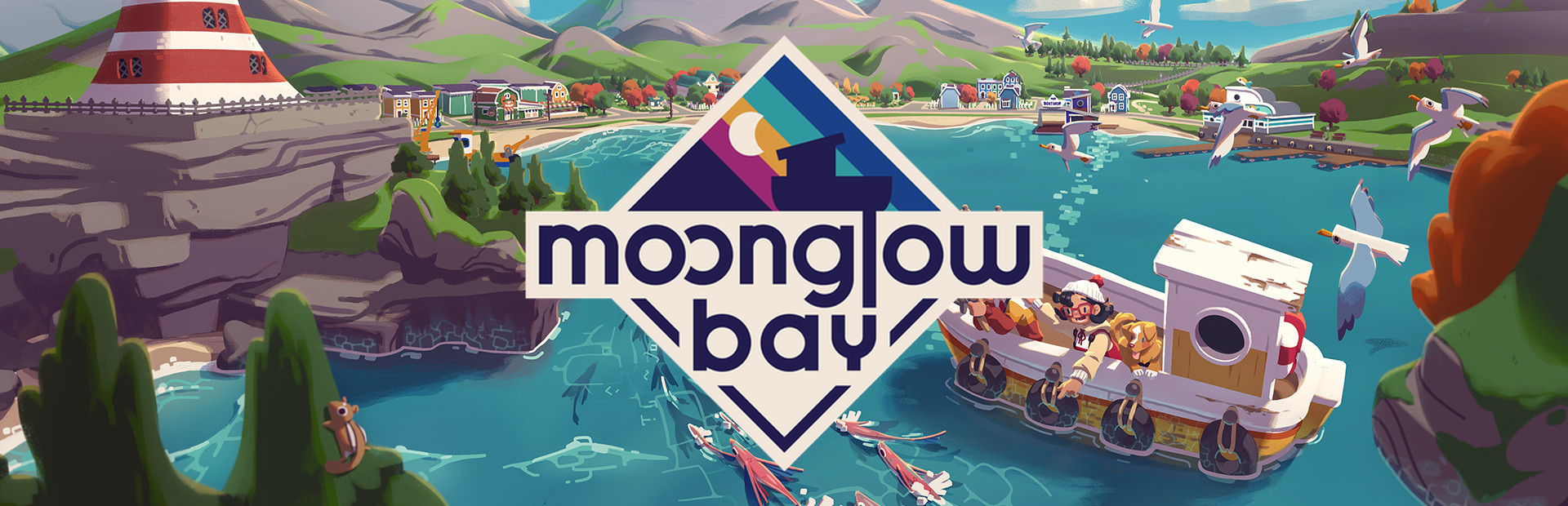 Official Steam library artwork places the Moonglow Bay title over the harbor, fishing boat and seaside town.