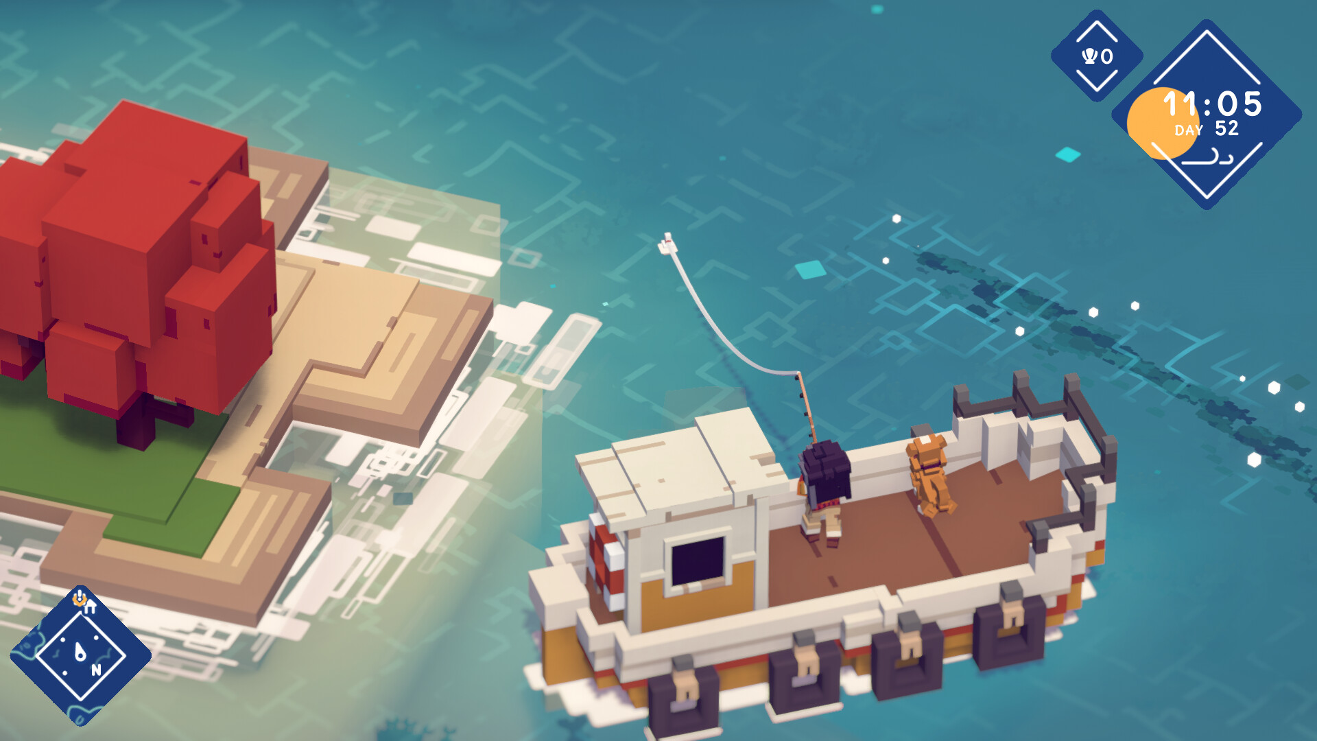 An angler fishes from a small boat near the voxel-style shore.