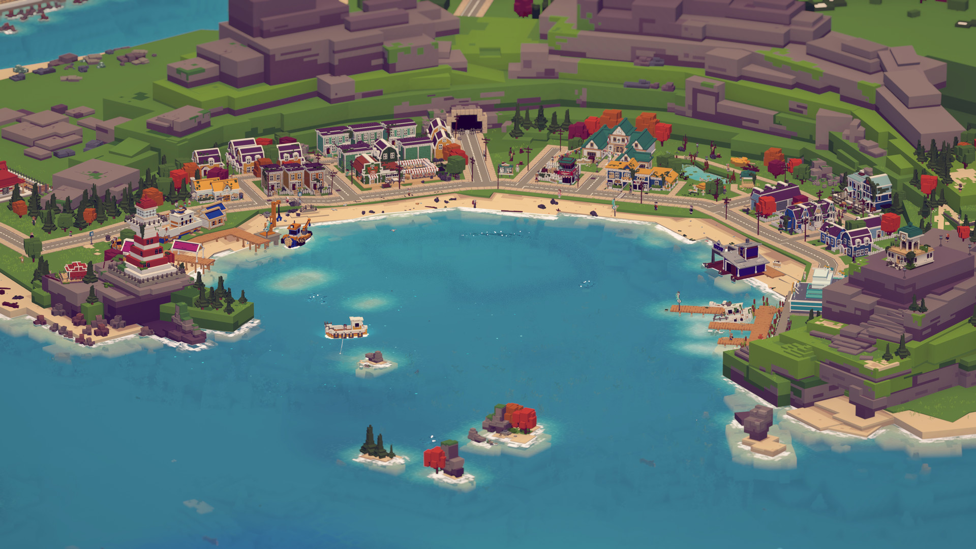 A wide view shows the colorful seaside town around Moonglow Bay.