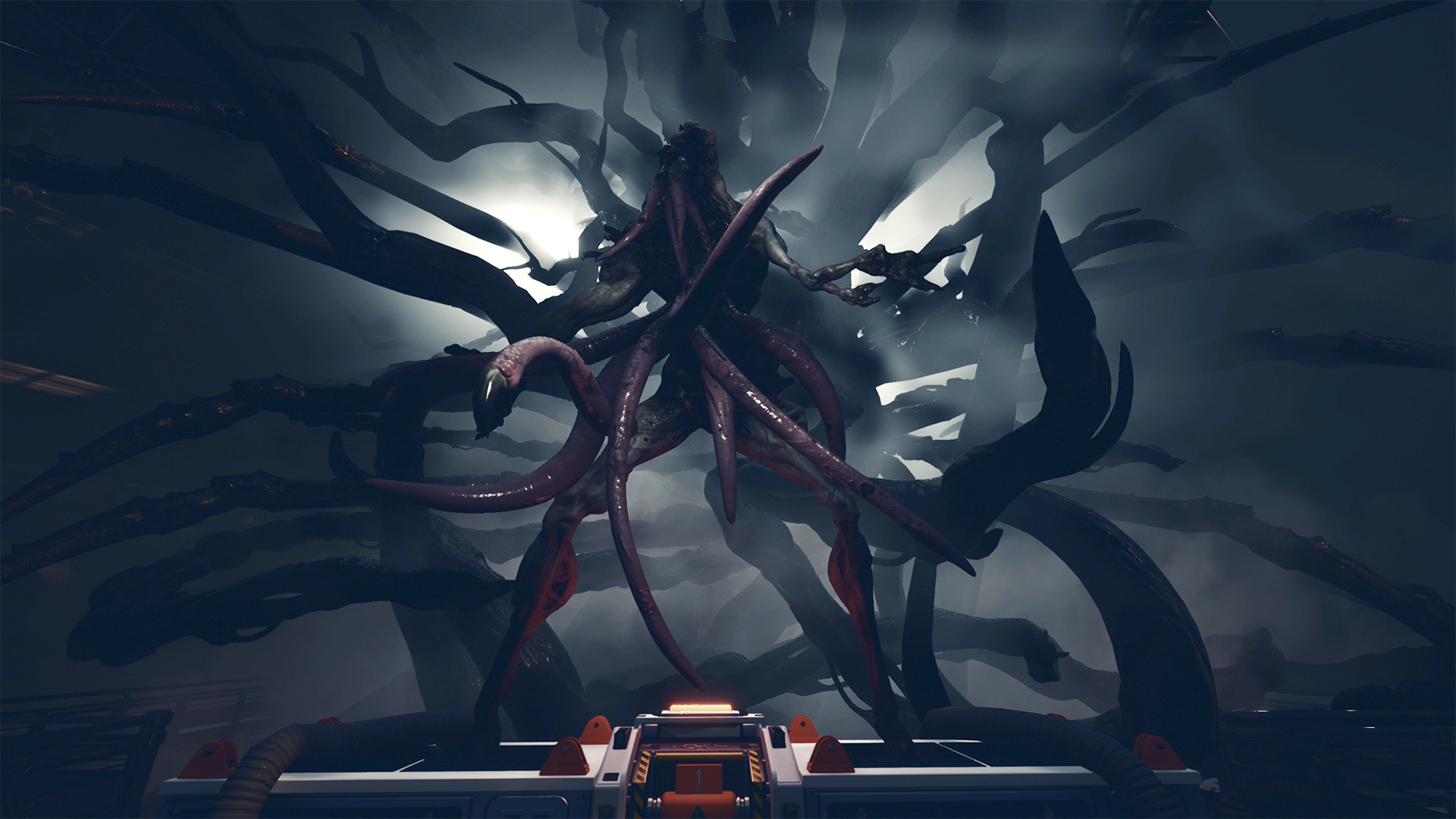 An enormous creature looms inside a research facility.