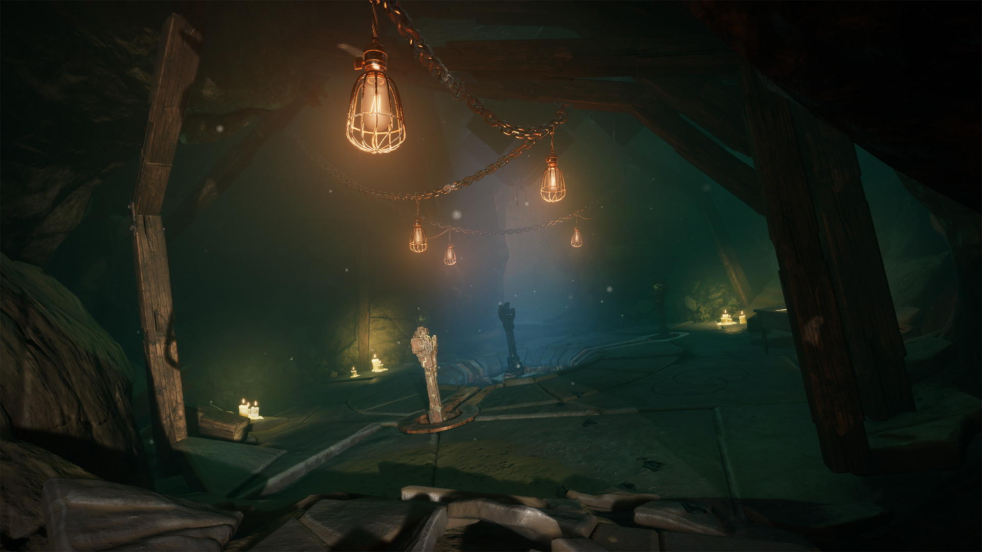 A figure stands in a dim cavern lit by hanging lamps.