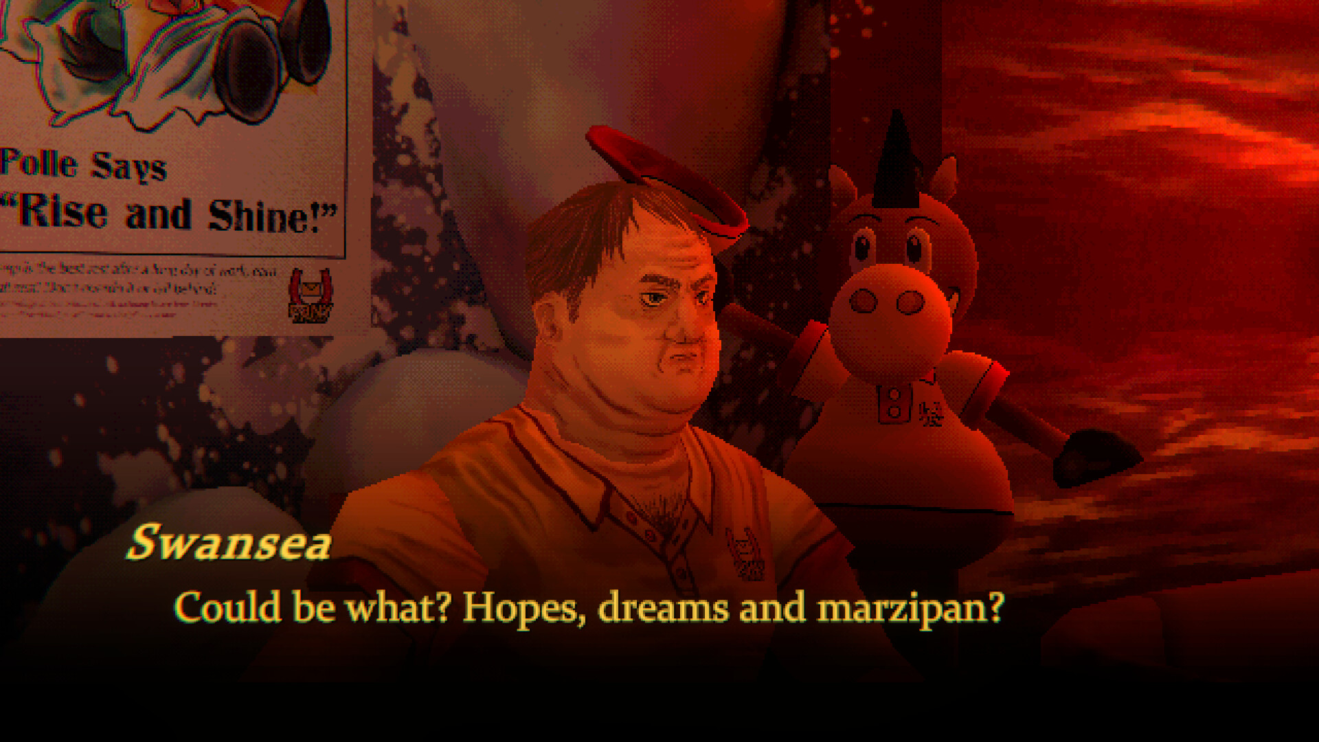 A character speaks in front of a red-lit wall and company poster.