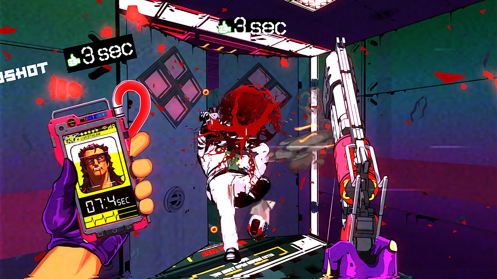 The player fights amid bright neon signs and a countdown display.