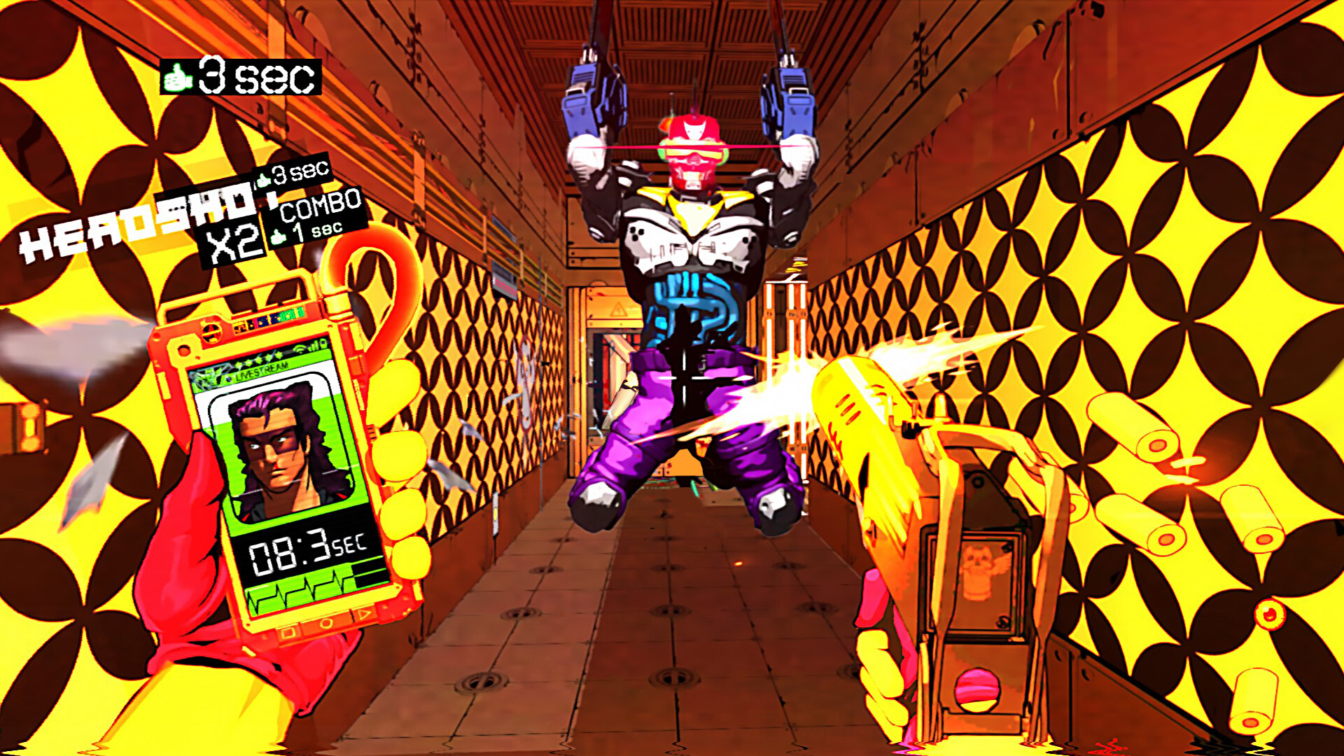 The player confronts an armed opponent in a patterned corridor.