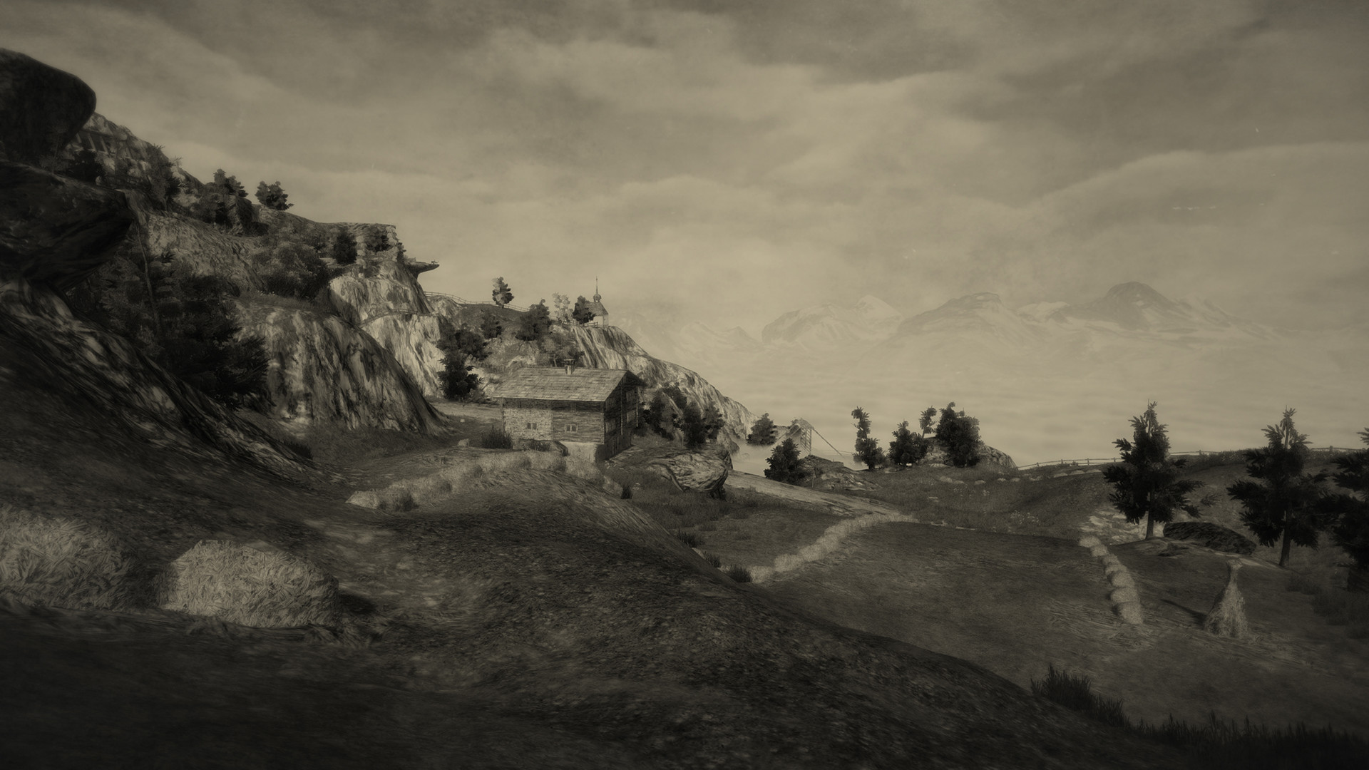 An alpine settlement appears beyond a winding hillside path.