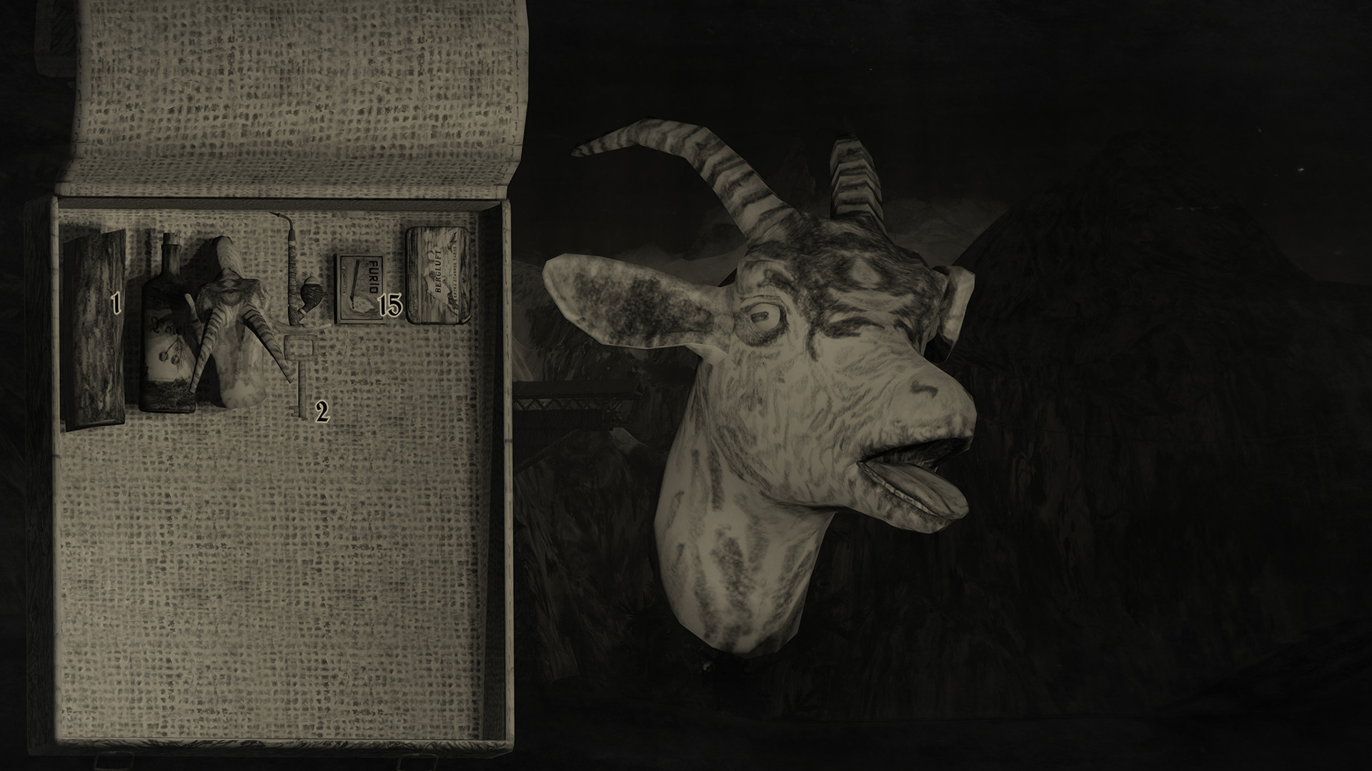A goat head hangs beside a handwritten note and puzzle markings.