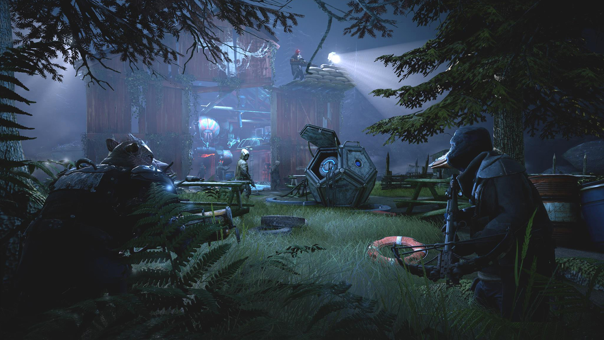 Two mutants hide near a guarded camp in the Zone.