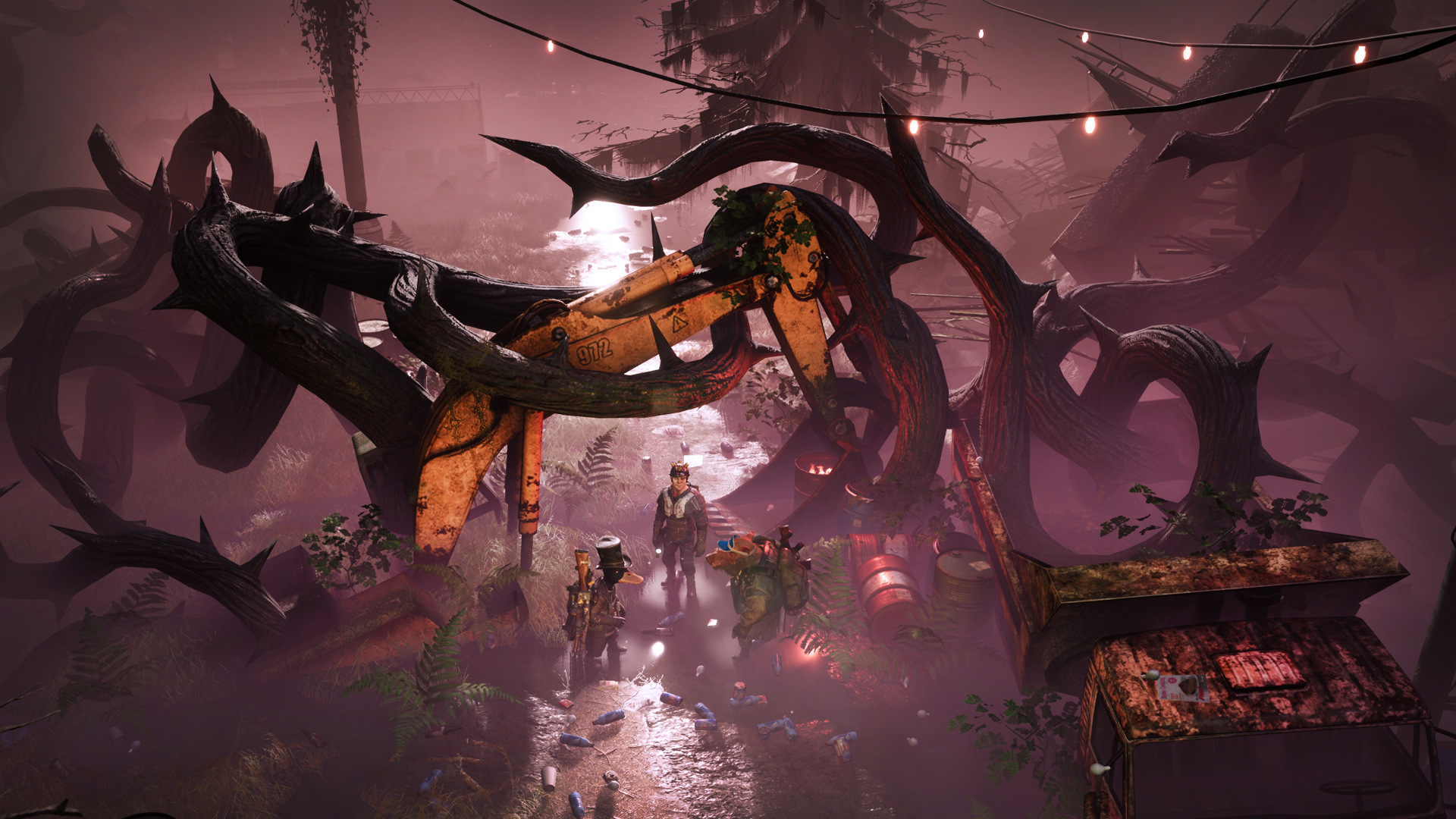 Mutant companions travel beneath twisted trees and pink light.