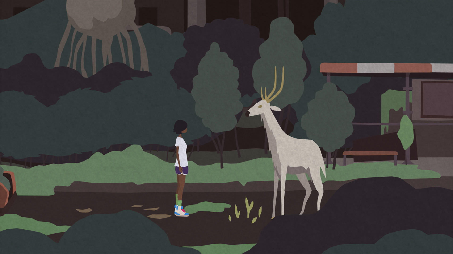 Kai stands near a white deer in the village landscape.