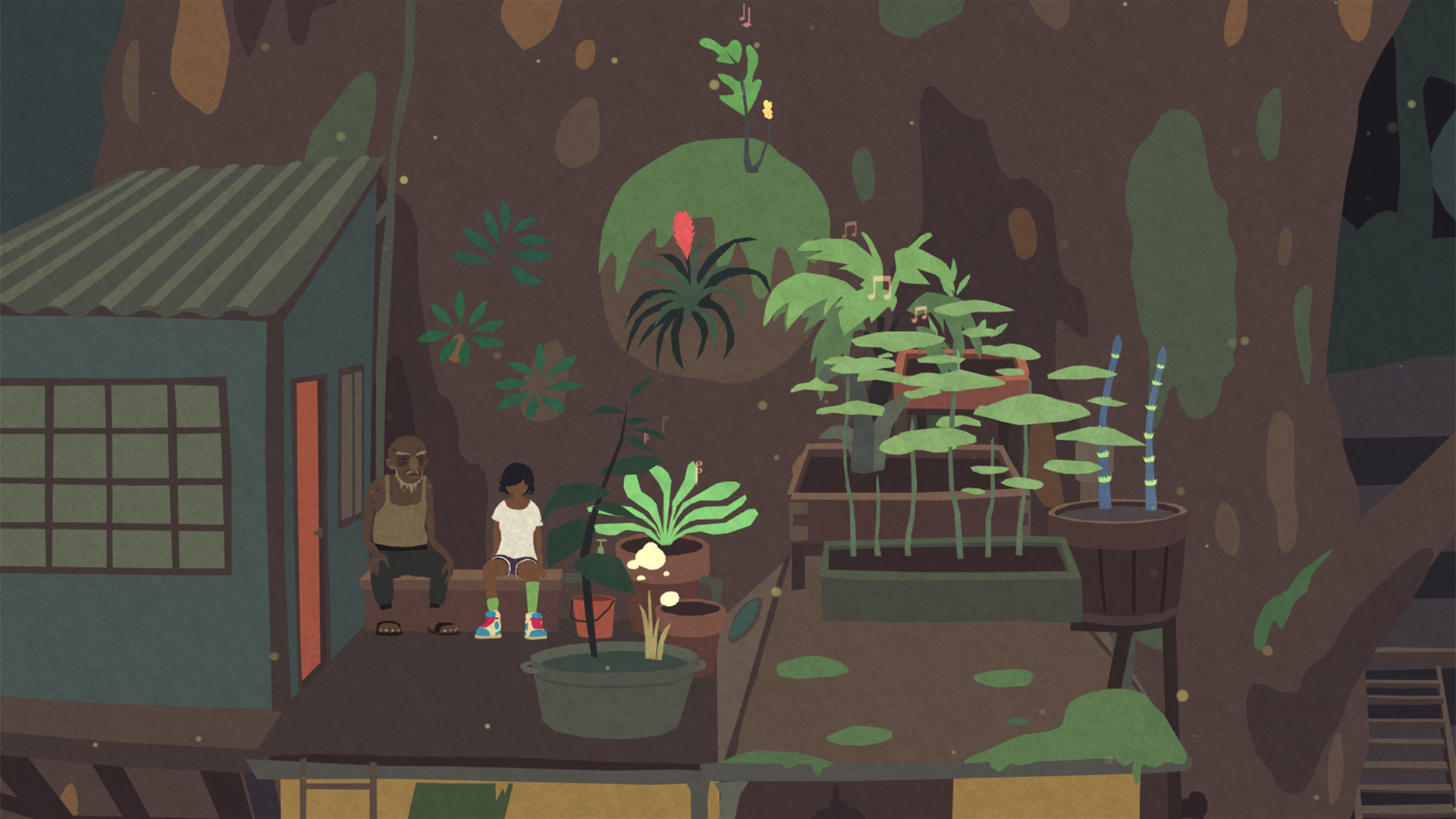 Residents gather beside plants and buildings in Mutazione.