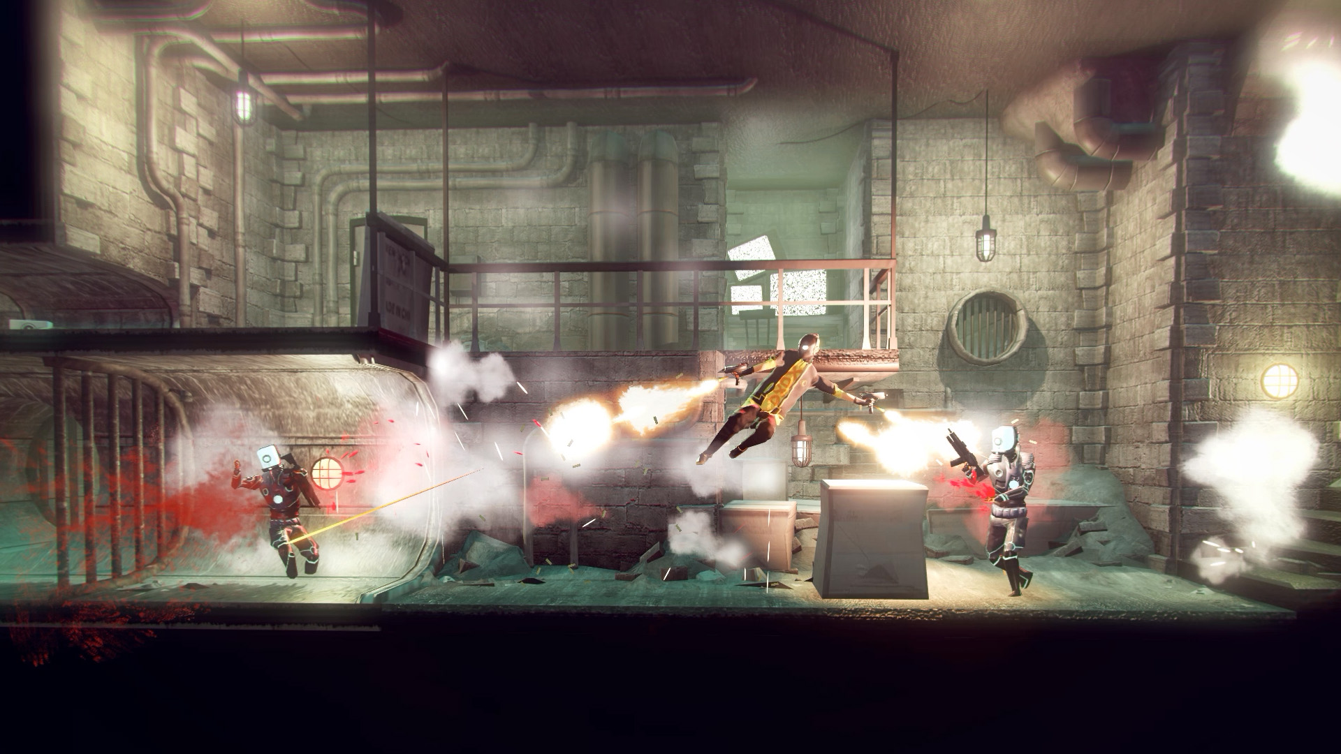 The protagonist fires at several enemies while airborne inside an industrial room.
