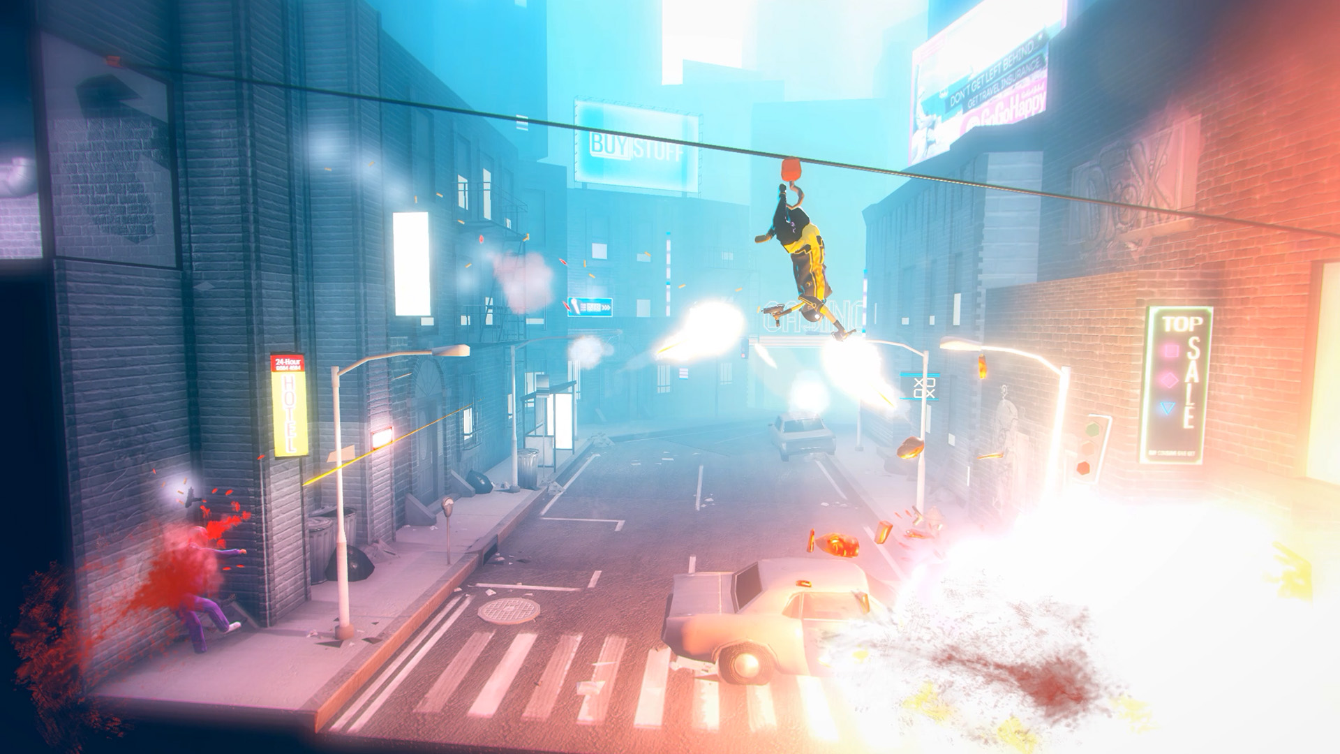 The protagonist travels on a cable above a city street during a firefight.