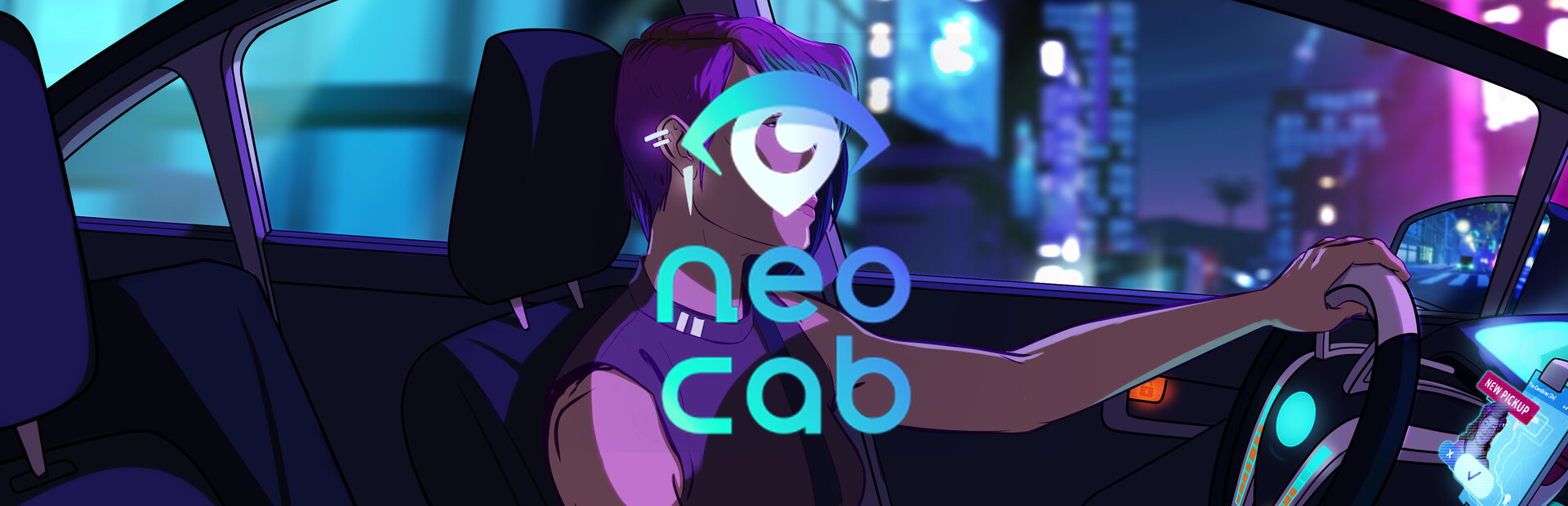 Official Steam library artwork places the Neo Cab title over Lina driving at night.