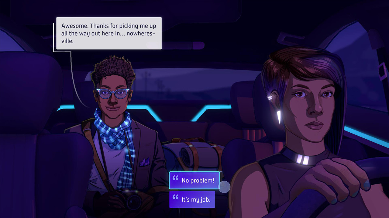 Lina speaks with a passenger while driving through Los Ojos.