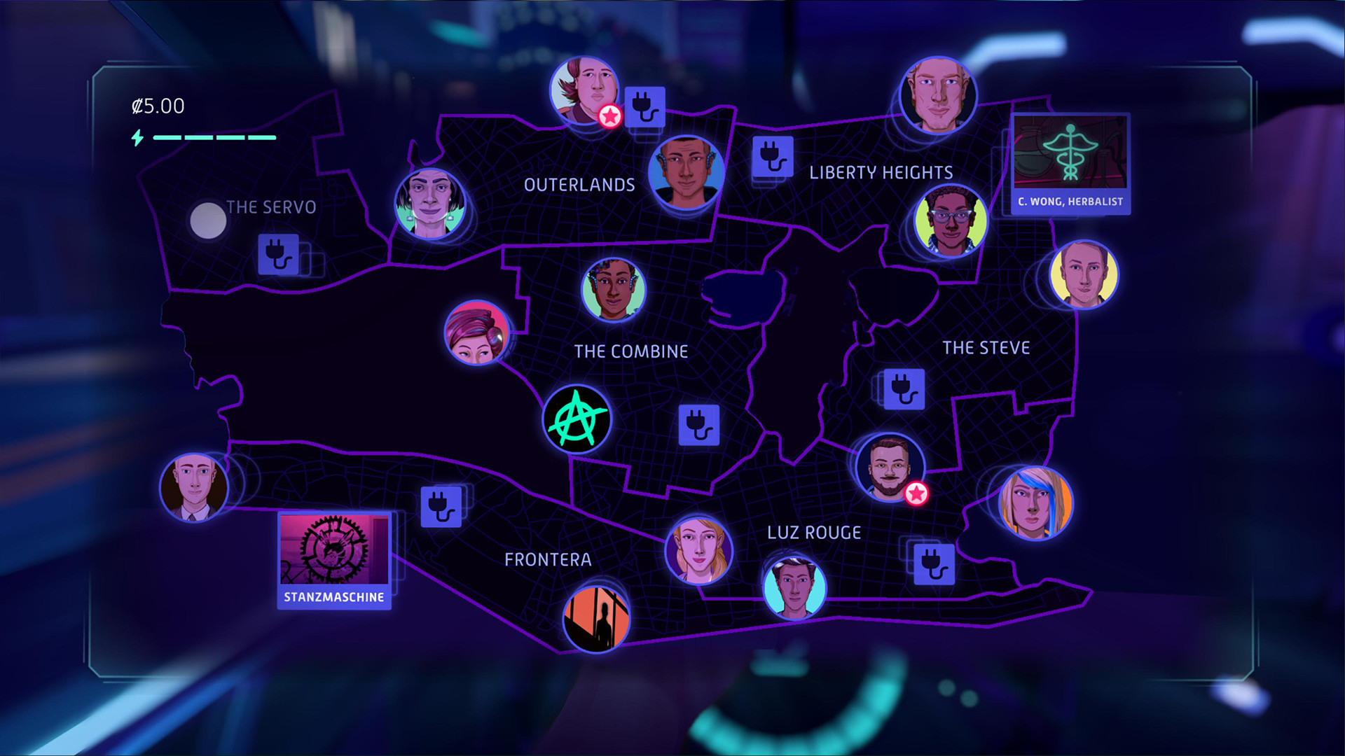 The Neo Cab map shows districts and passenger icons across the city.