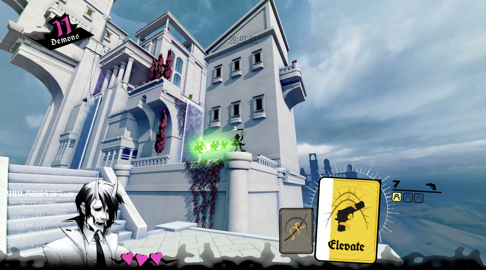 Neon White faces a bright white building with the Elevate card ready.