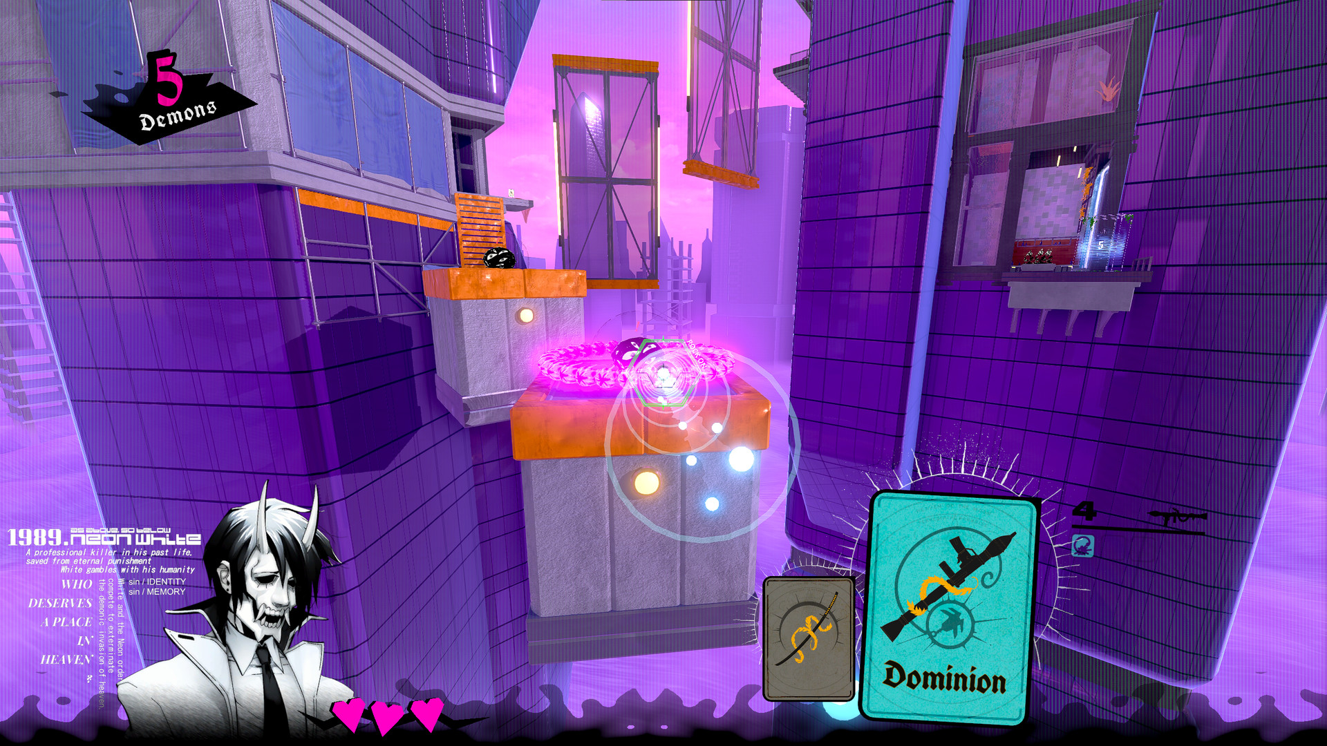 A purple-lit stage shows the Dominion card and a glowing target ahead.