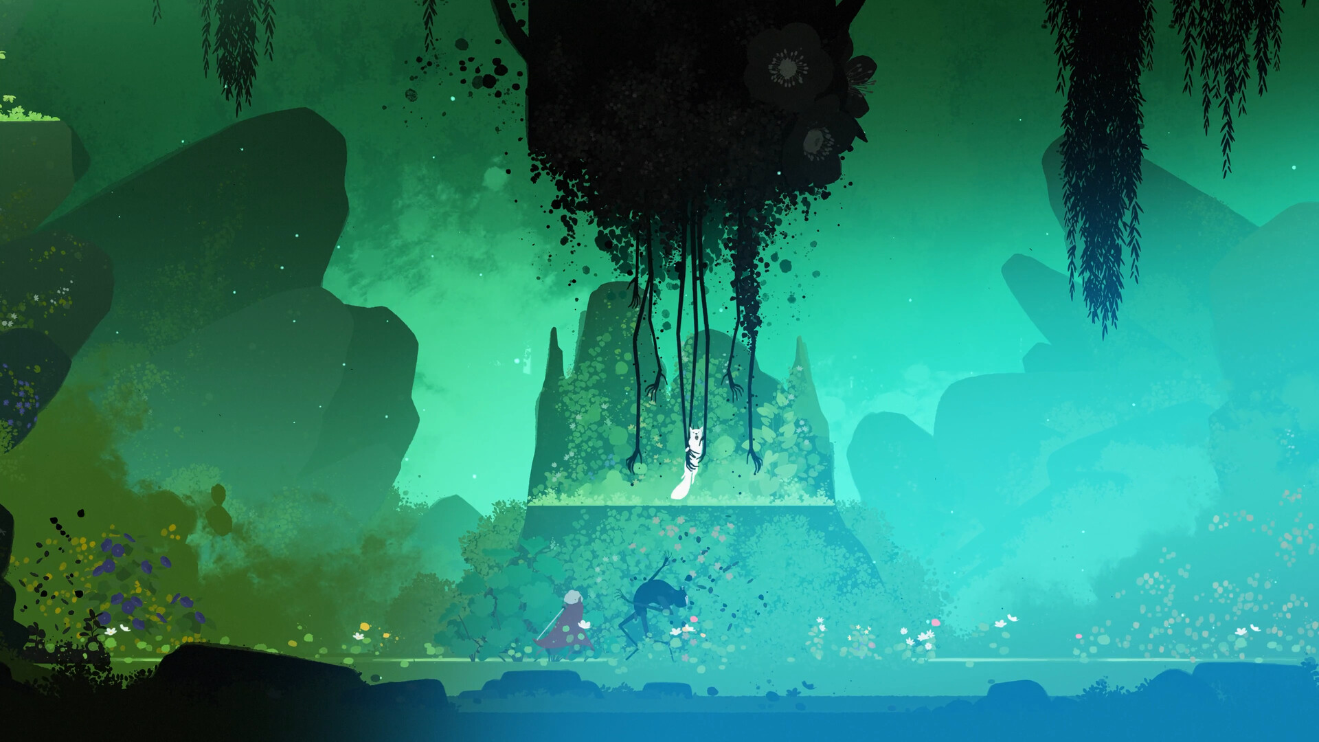 Alba and Neva face a hanging dark creature in a turquoise forest.