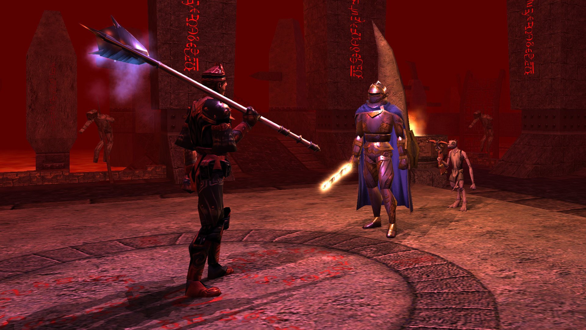A spellcaster confronts an enemy in a red-lit chamber.