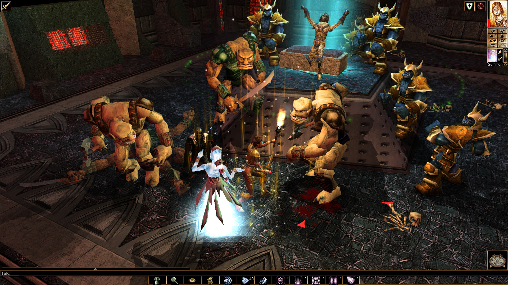 A hero faces a group of creatures inside a large room.