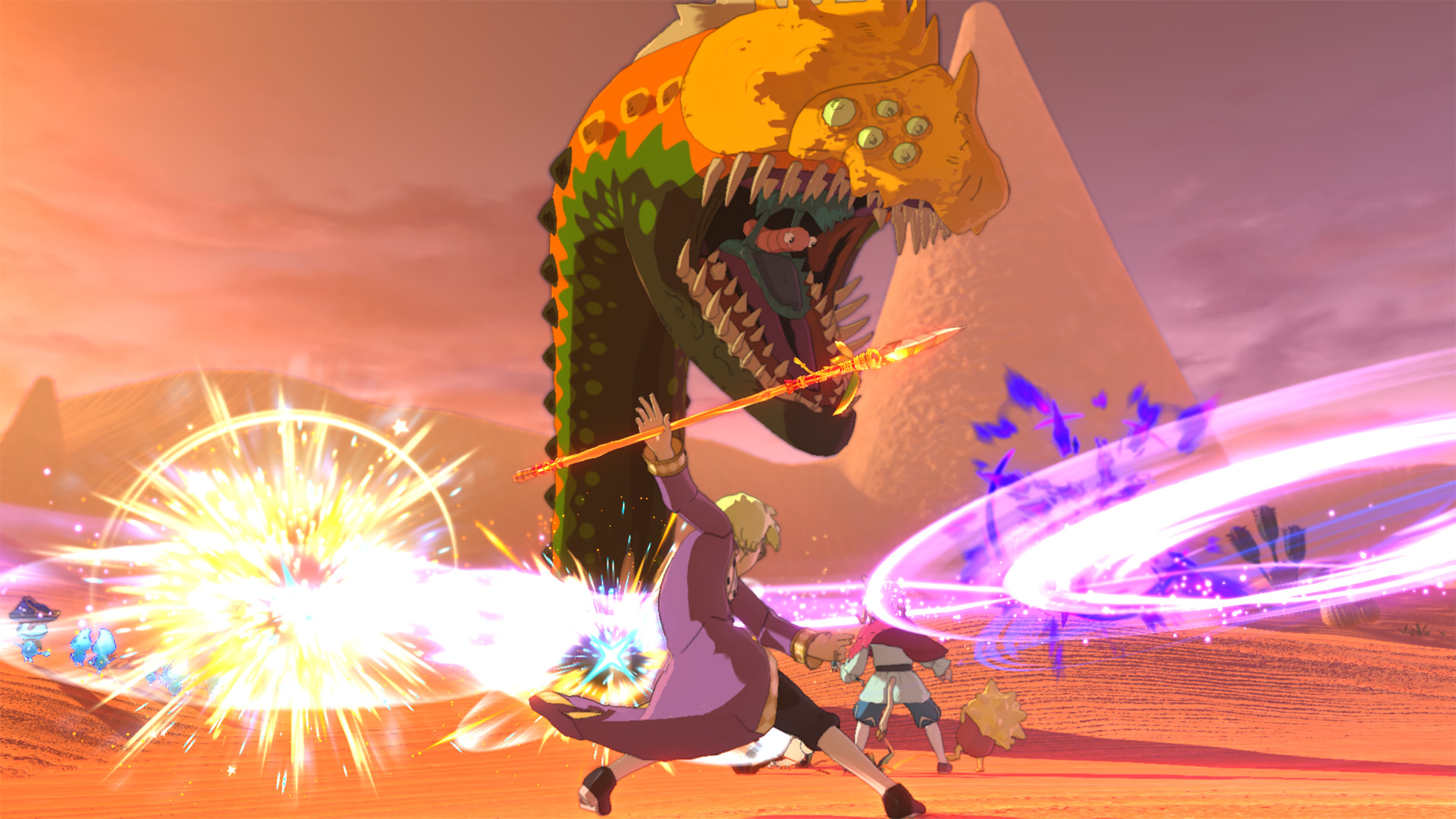 The party fights a large creature in a sunlit desert.