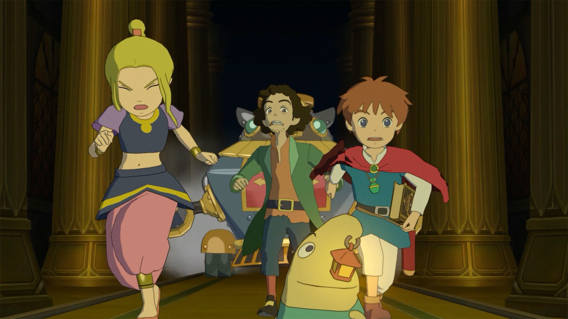 Oliver and his companions run through a palace hall.