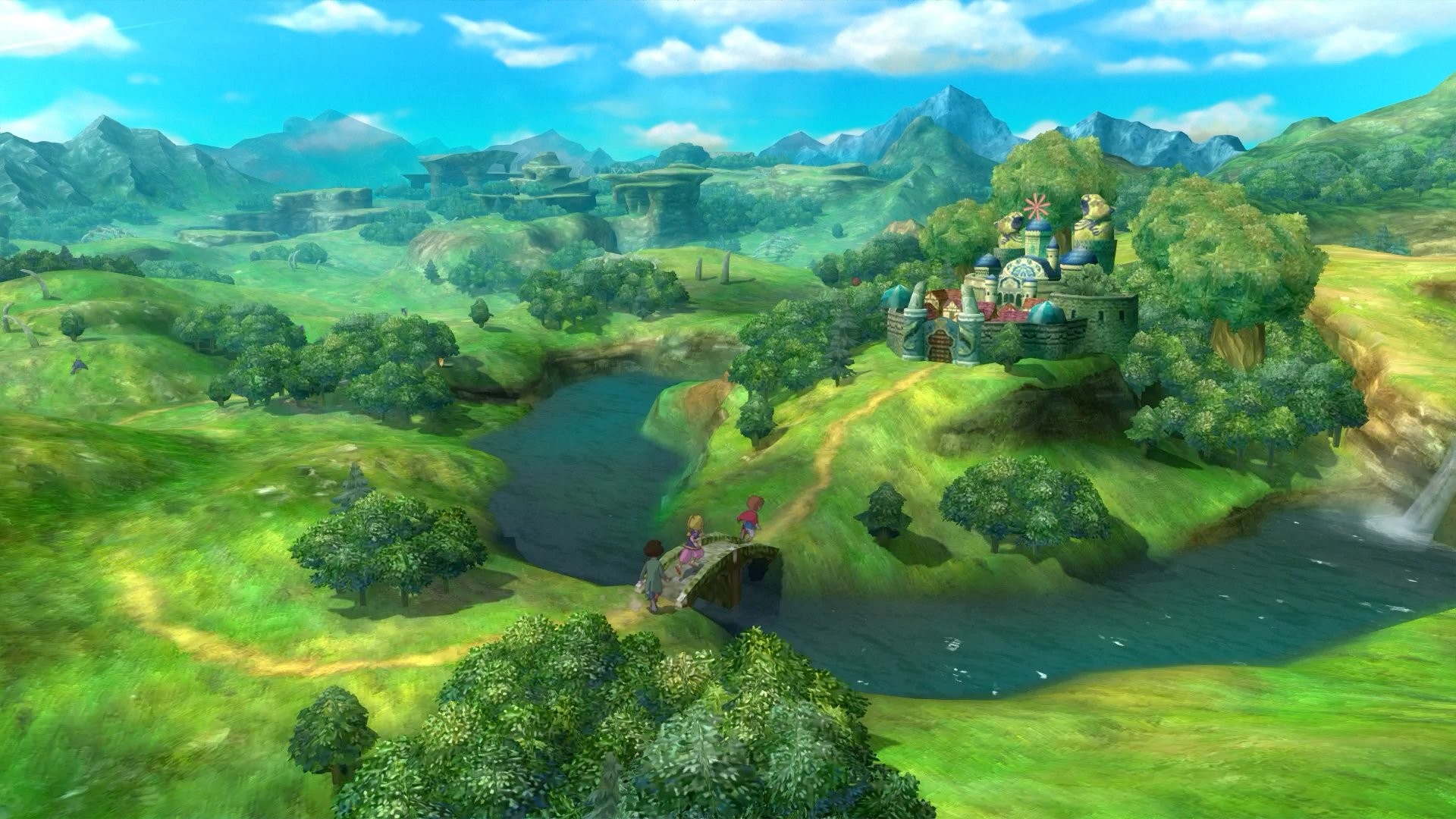 A wide view shows a bright fantasy landscape and waterside town.