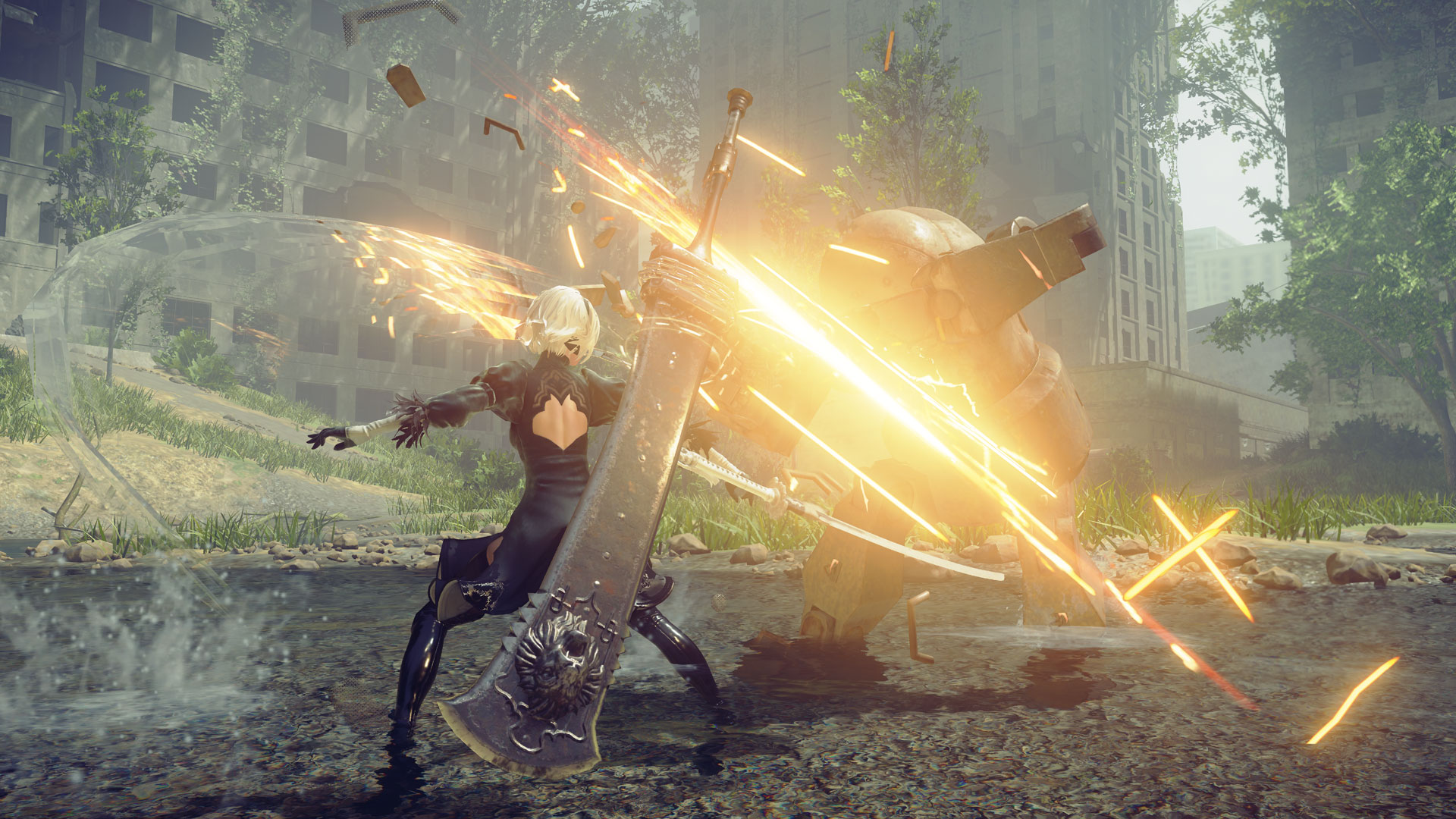 2B attacks a machine in an overgrown city.