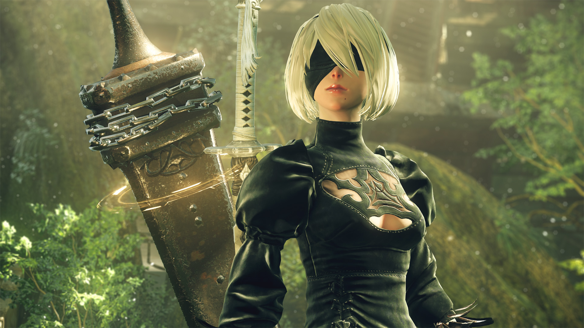2B stands amid trees with her sword and Pod.