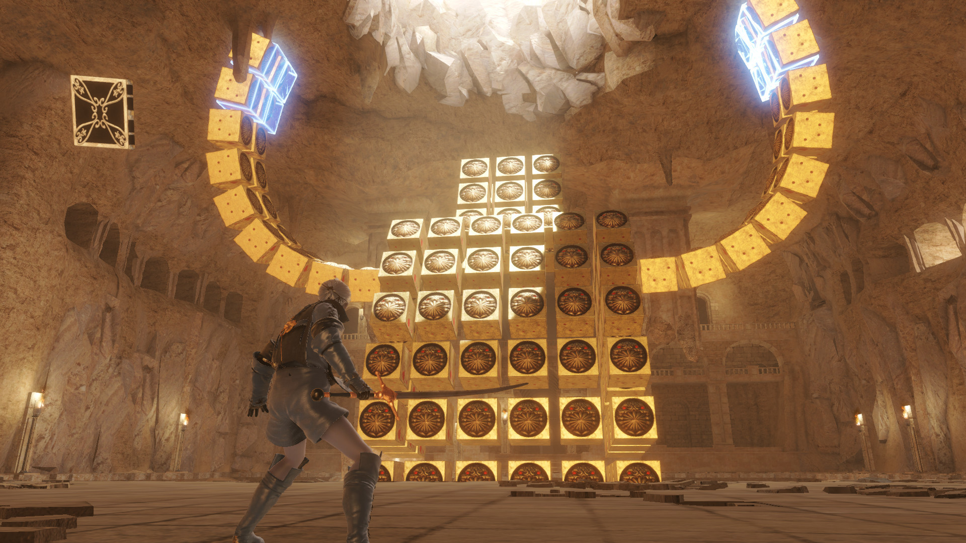 The protagonist faces a glowing puzzle wall inside a stone chamber.