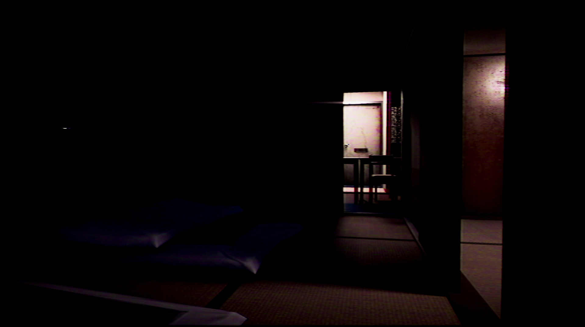A dark apartment interior opens toward a lit doorway.