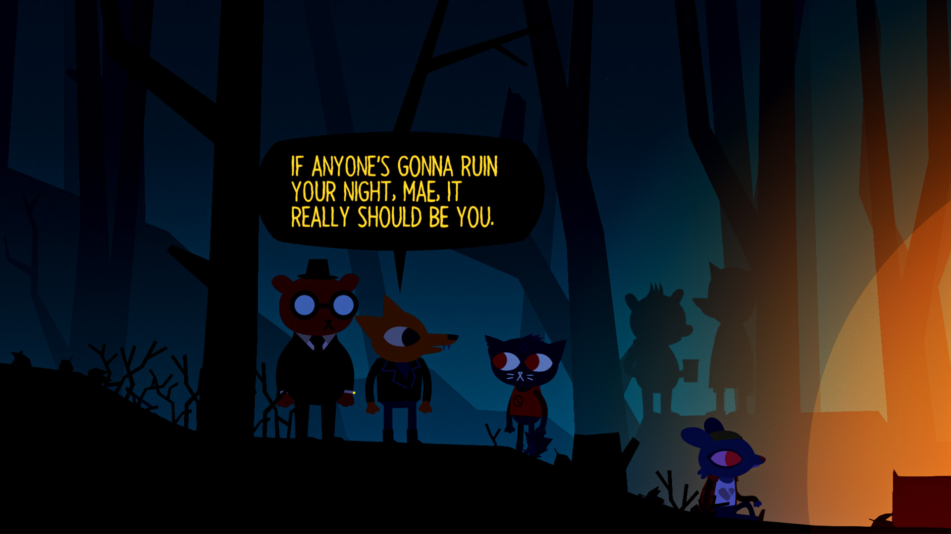 Mae and friends stand together in a dark wooded area.