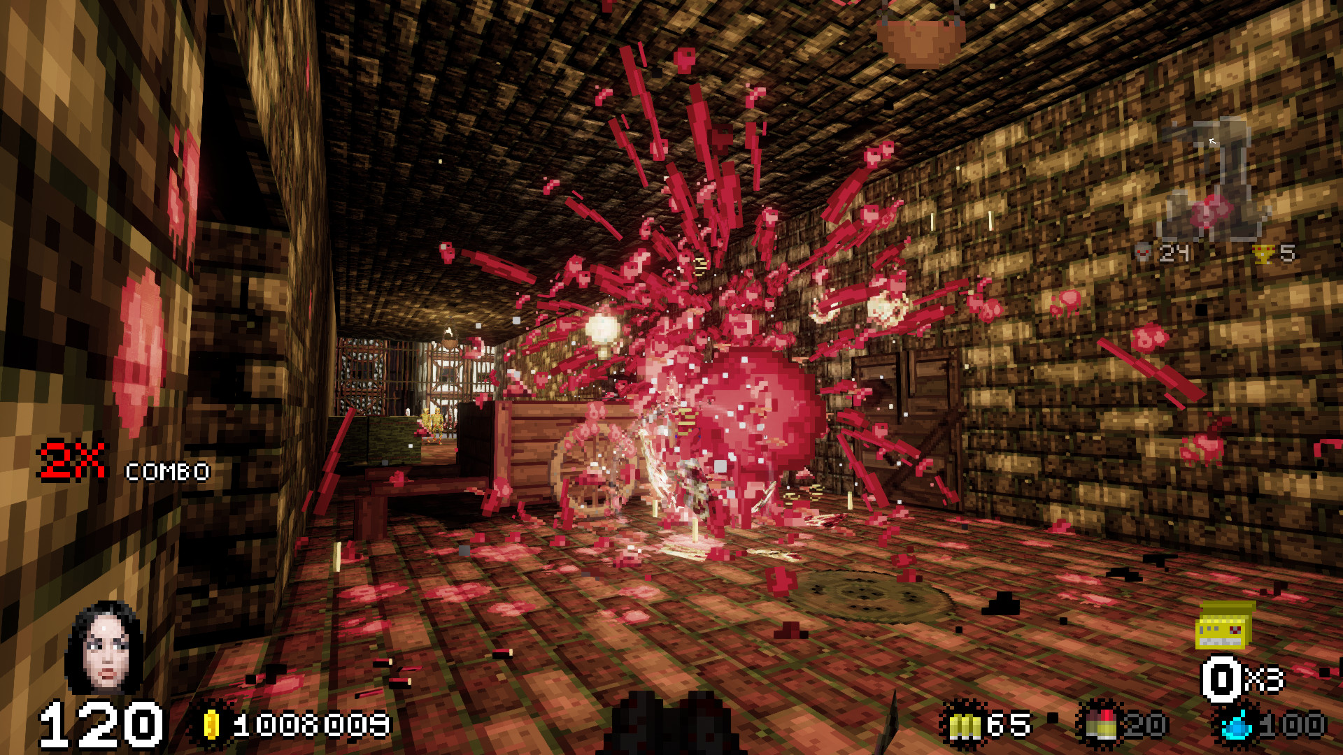 A firefight fills a stone corridor with red pixel effects.