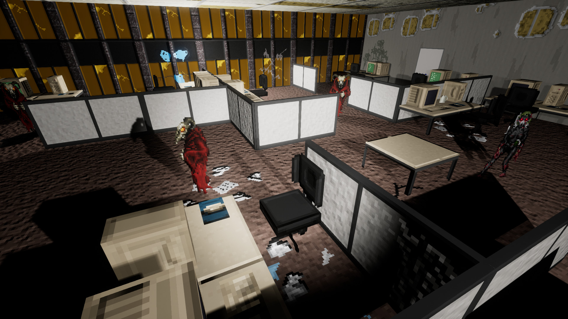Three hostile figures stand among desks and vintage computers.