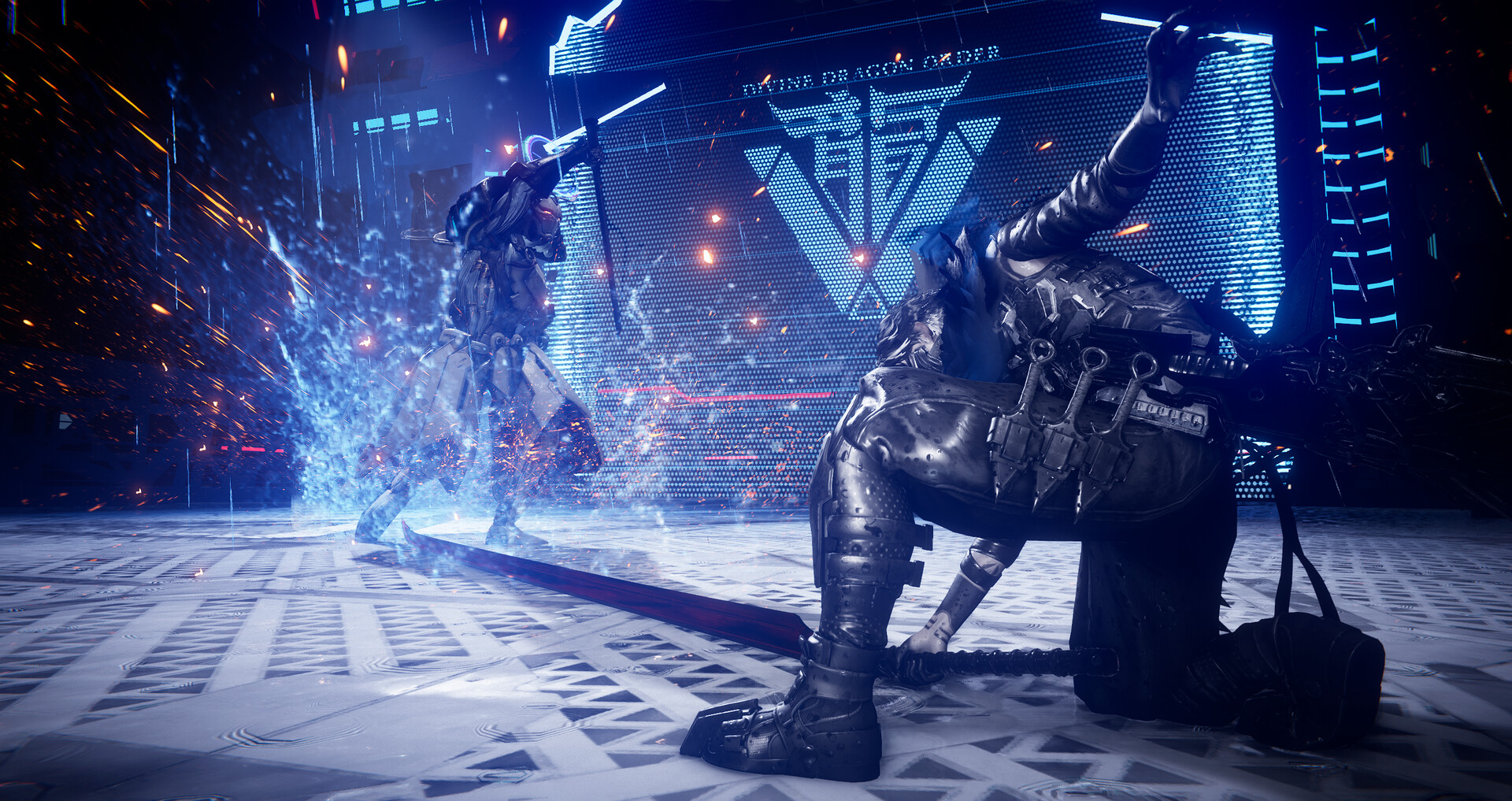 Two armed fighters clash inside a blue-lit arena.