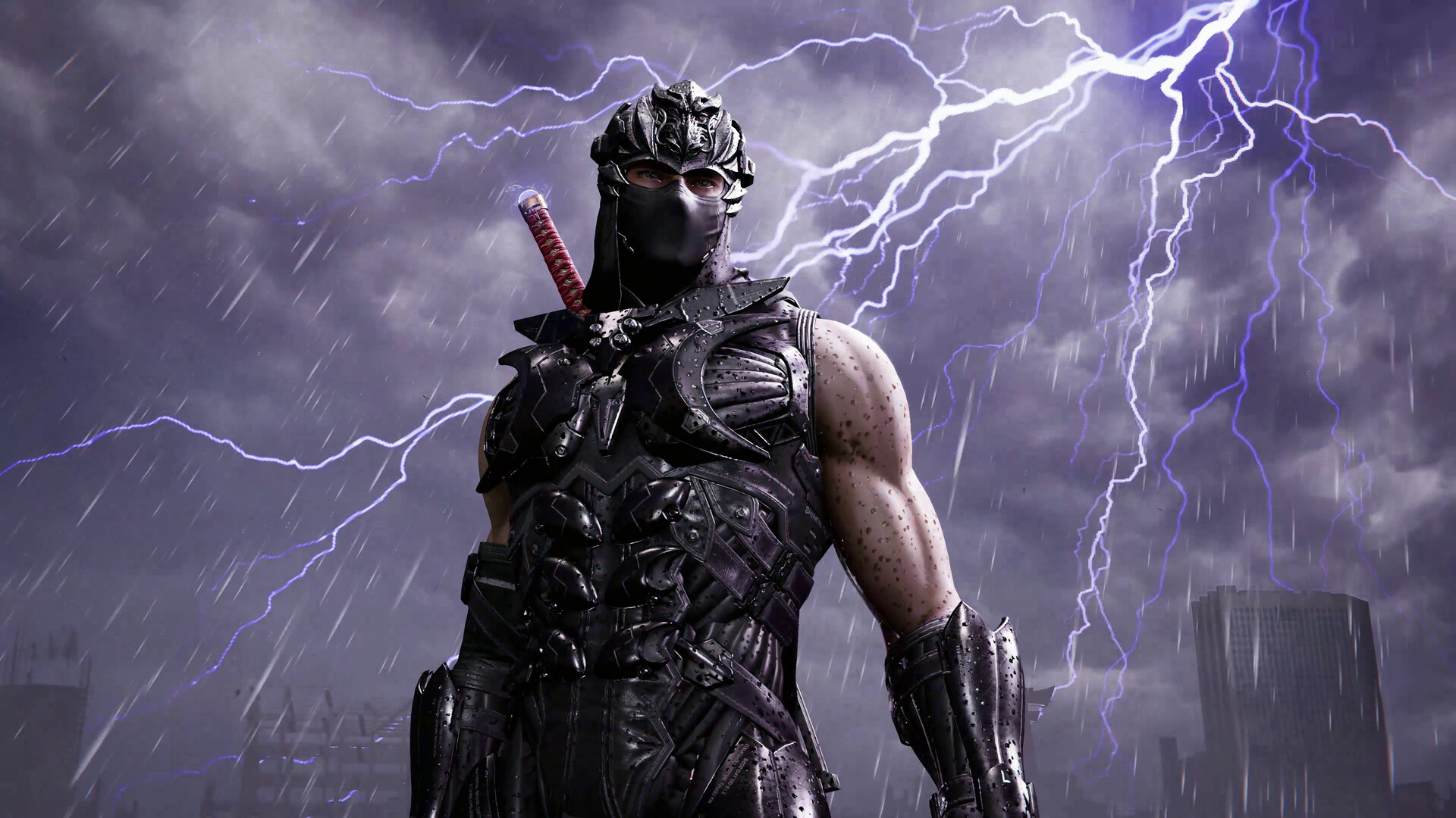 A masked ninja stands beneath lightning and rain.