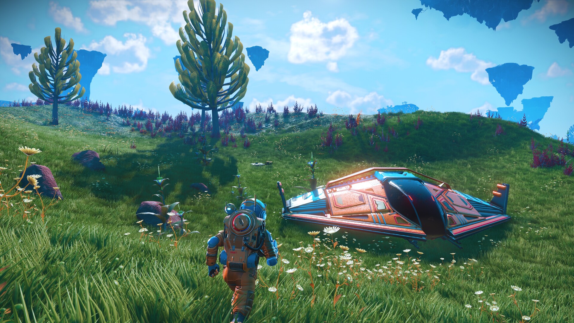 An explorer approaches a starship on a grassy planet.