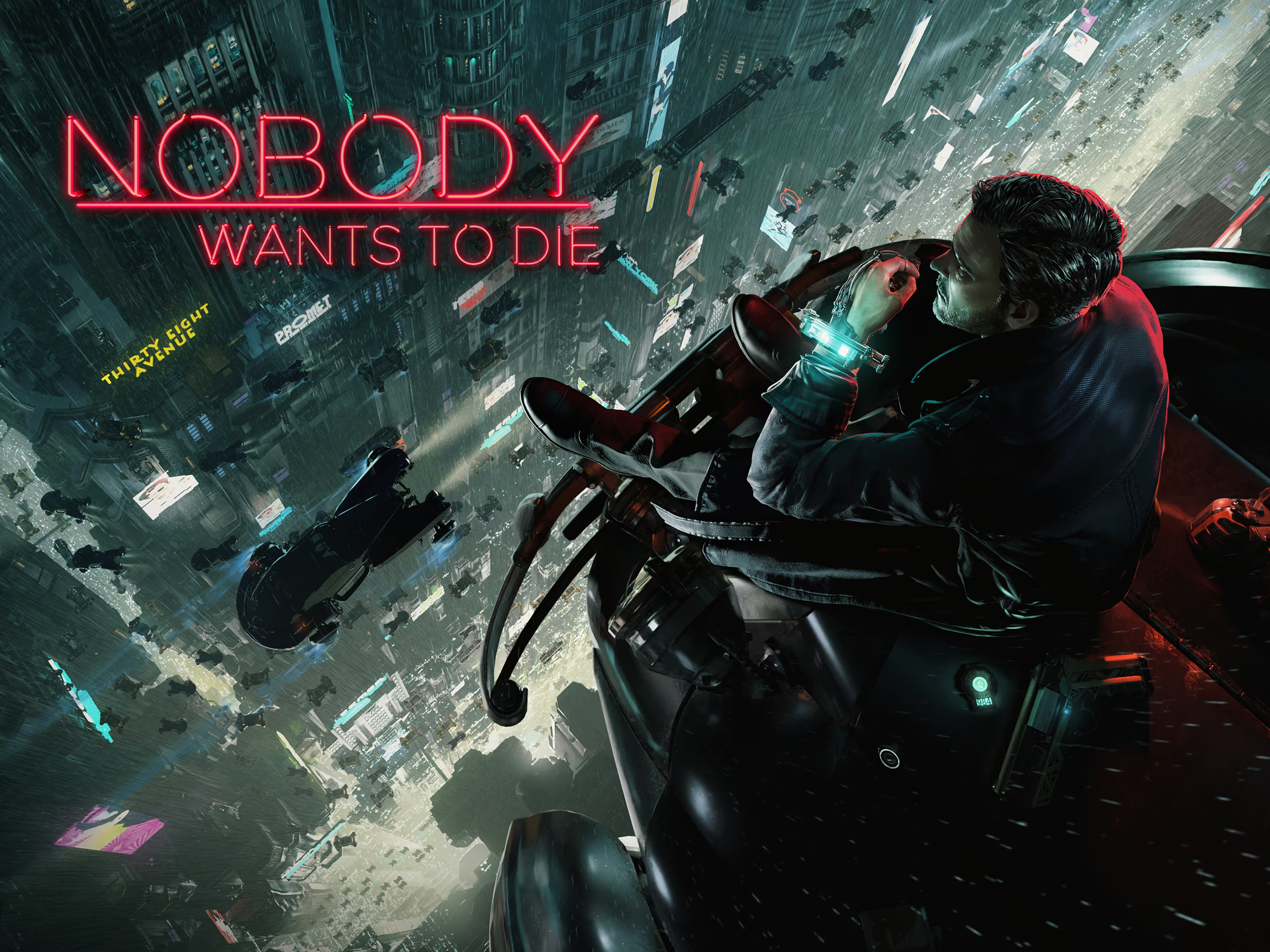 A figure overlooks the futuristic city in Nobody Wants to Die key art.