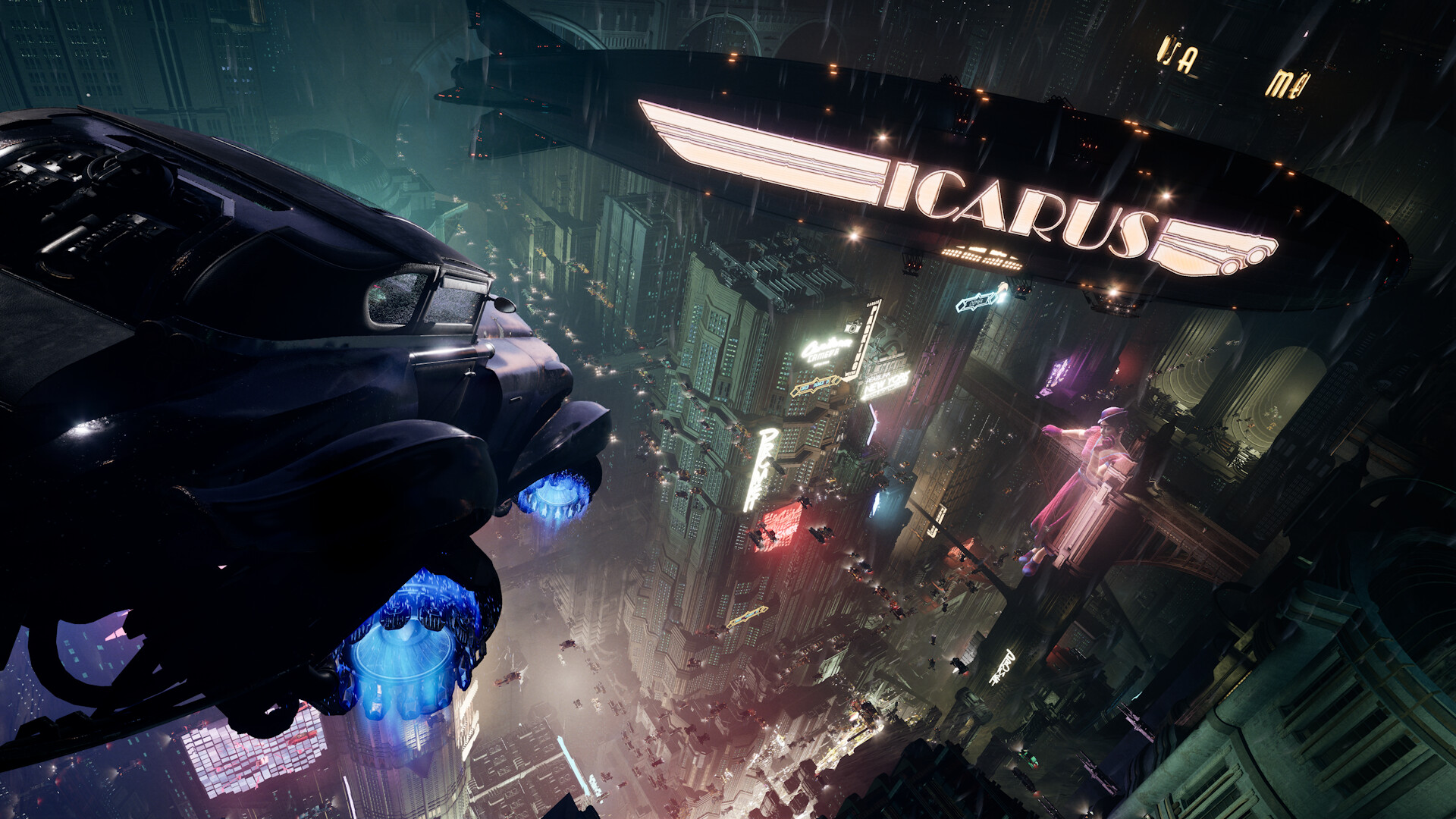 An Icarus sign glows above the elevated streets of New York.