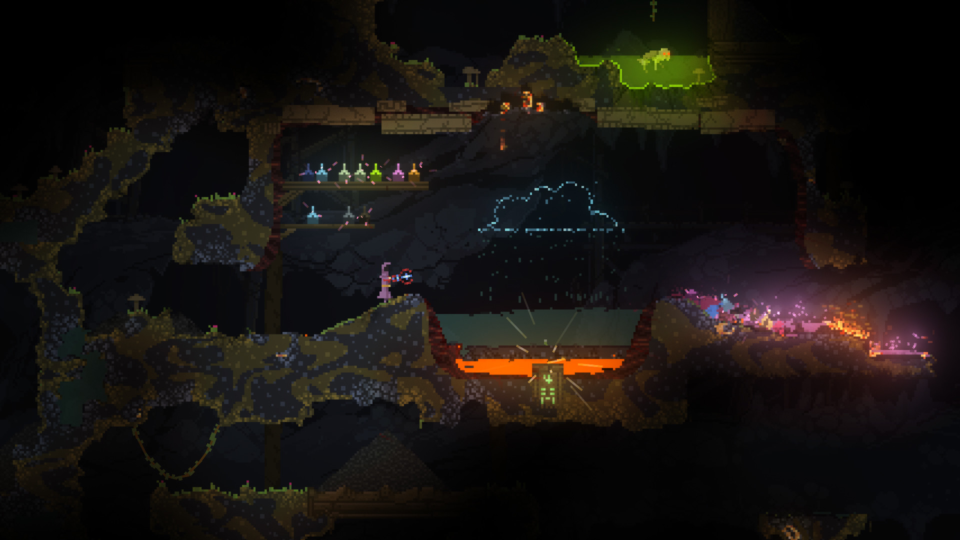 A wand wielder crosses a cave of volatile liquids and fire.