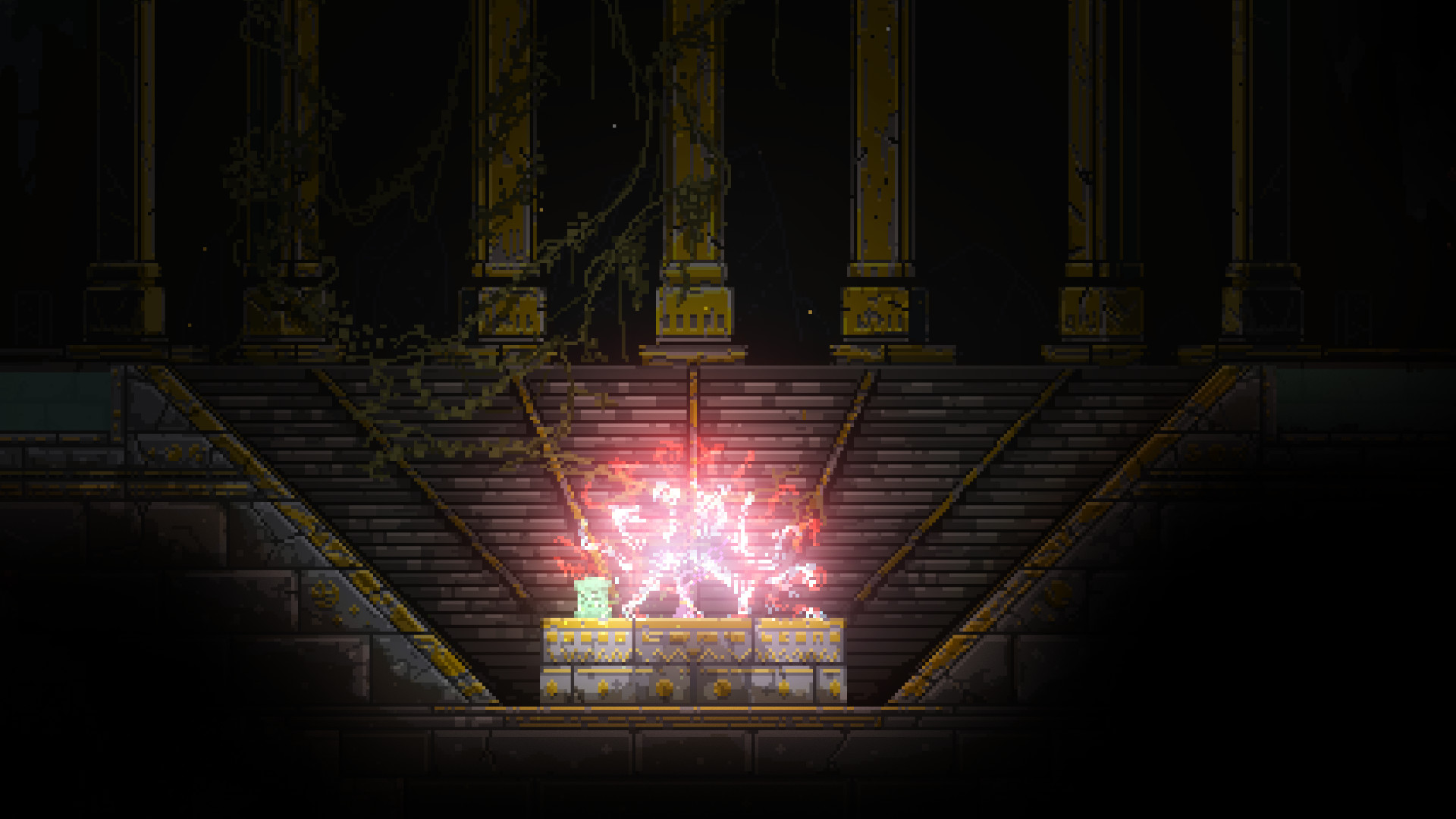 A bright magical effect lights a stone chamber.