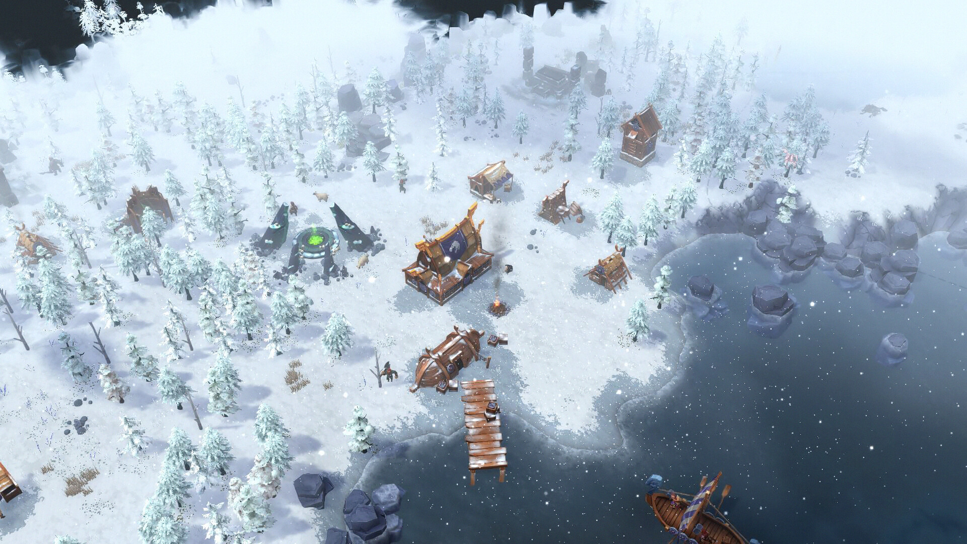 A small settlement endures a snowy winter beside the water.