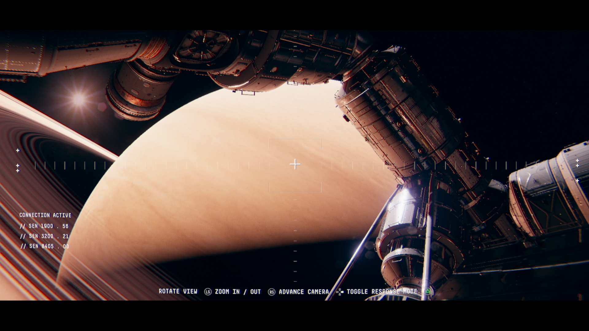 A station camera looks past its outer structure toward a pale planet.