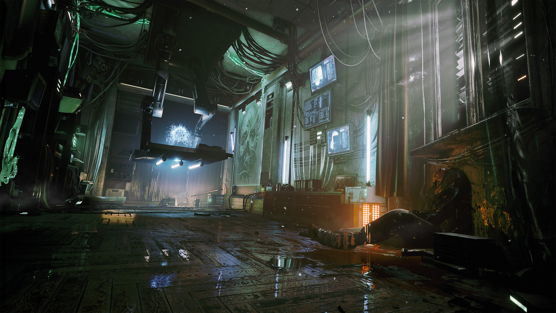 A wet, neon-lit corridor stretches through a damaged apartment block.