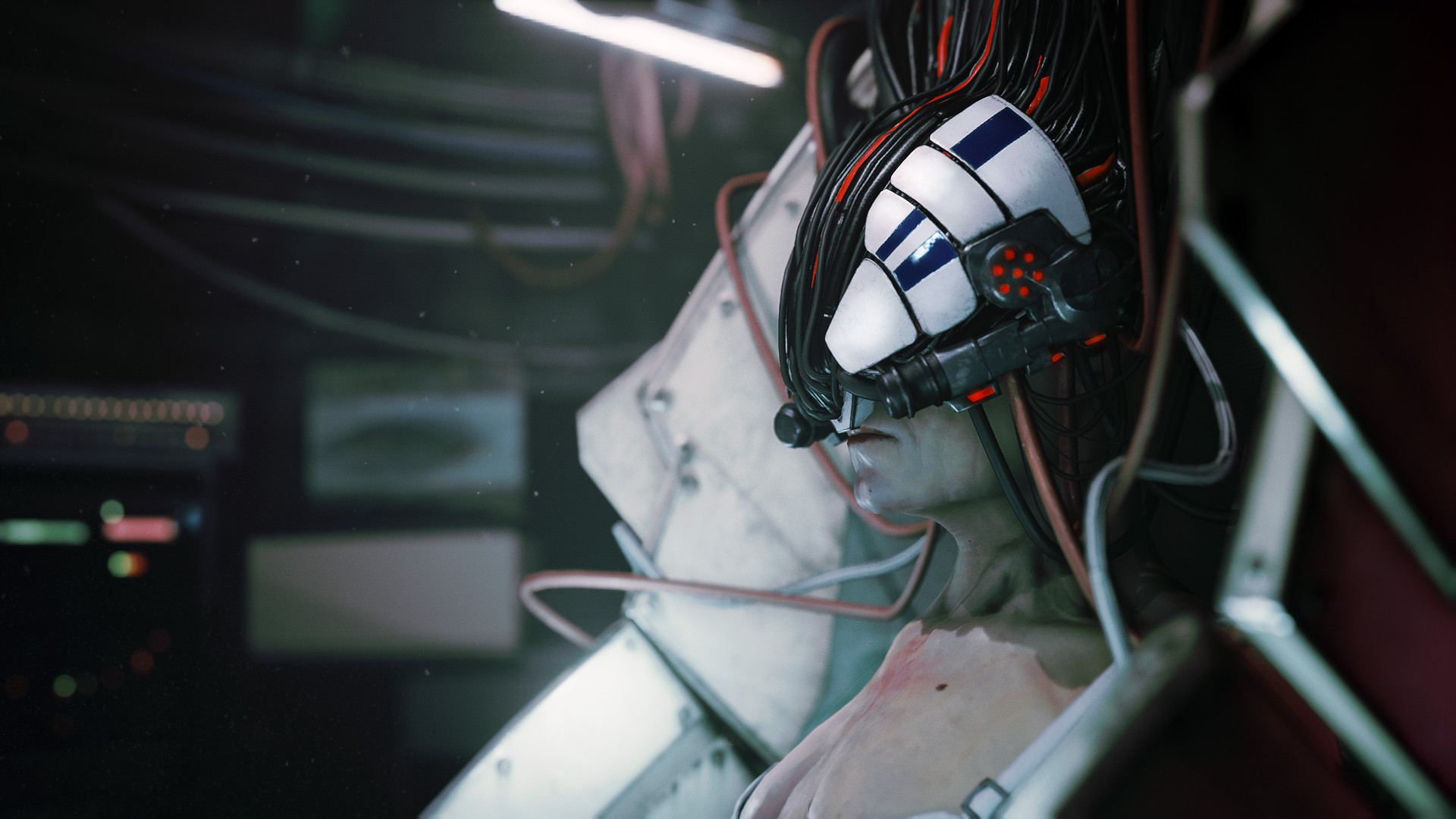 A wired figure wears a device over the eyes in a clinical room.