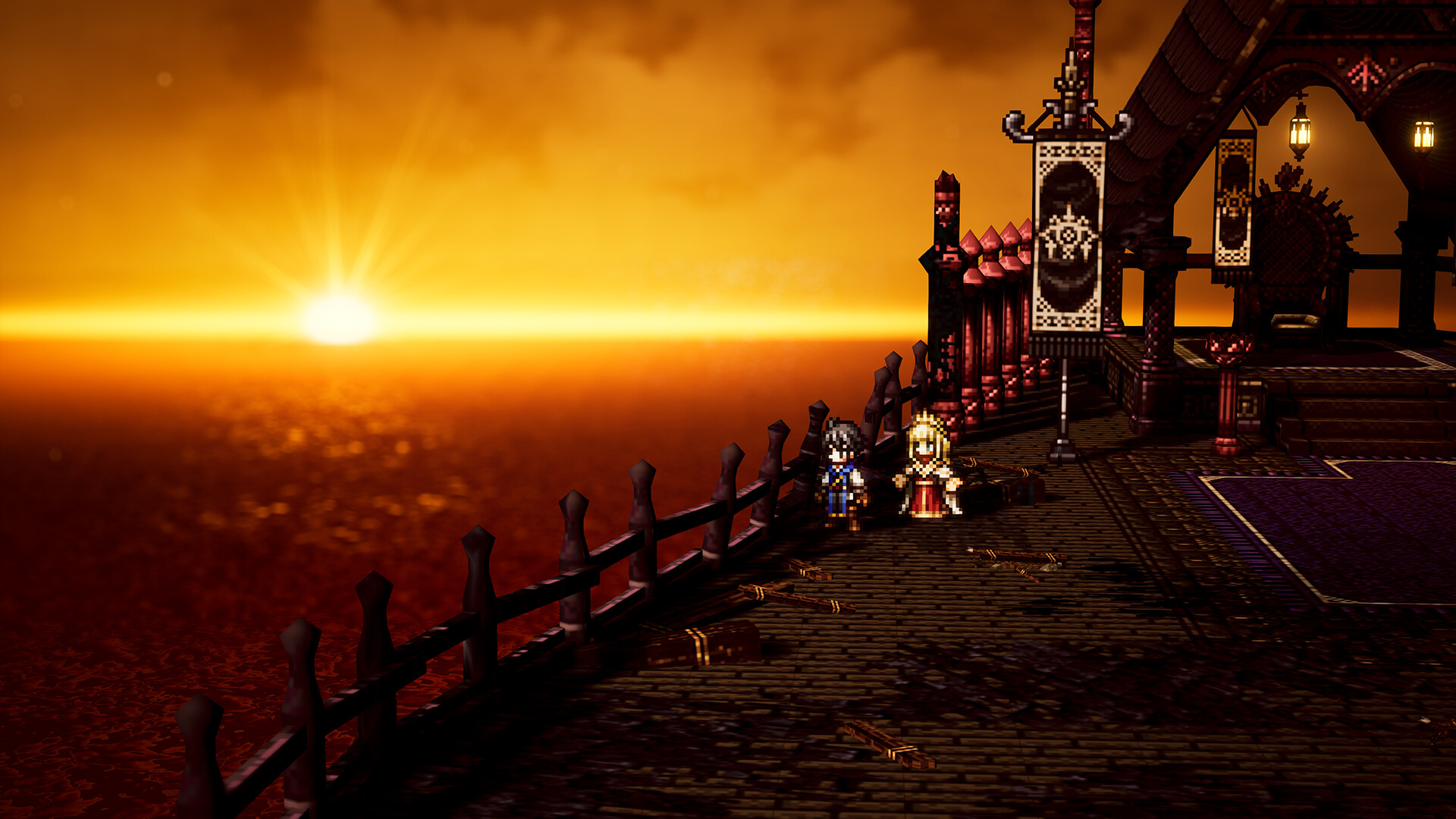 Two pixel-art characters stand on a balcony above the sea at sunset.
