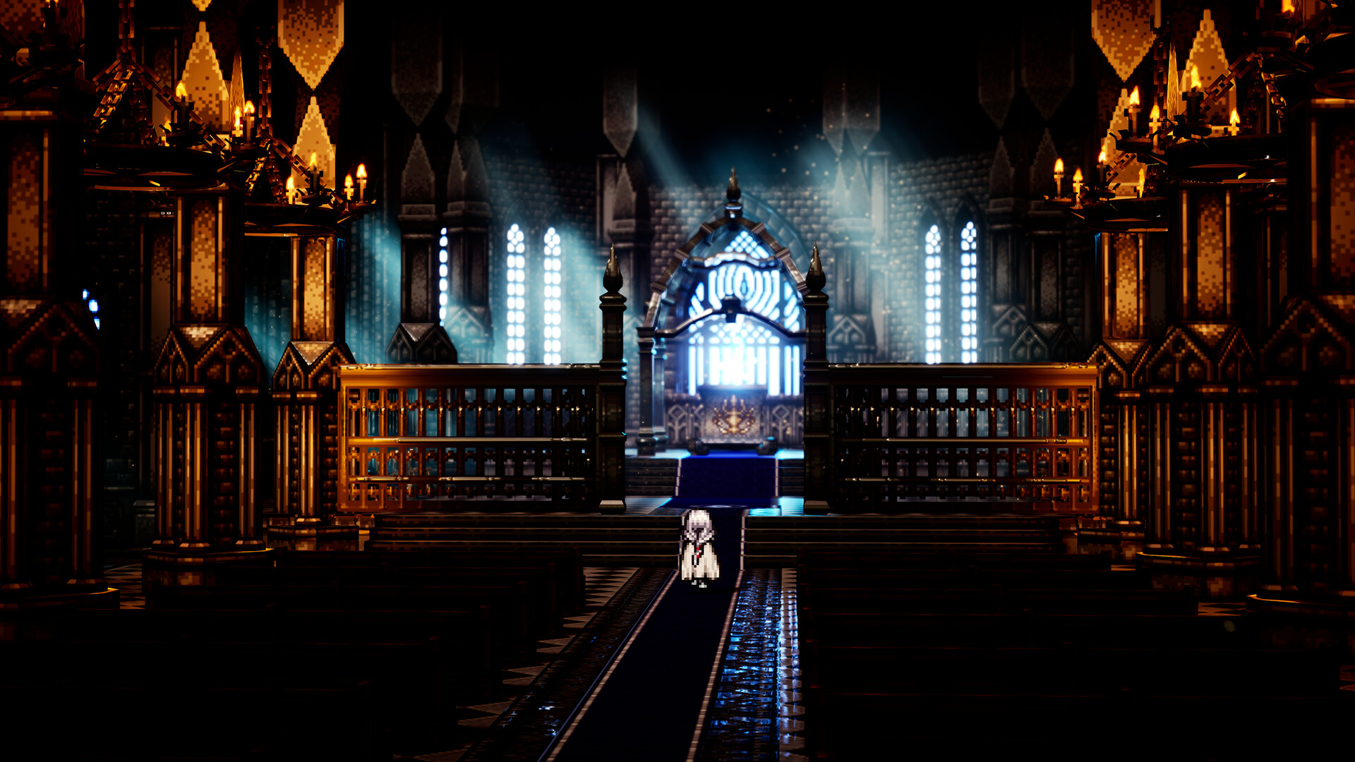 A white-haired character stands alone inside a large, dim hall.