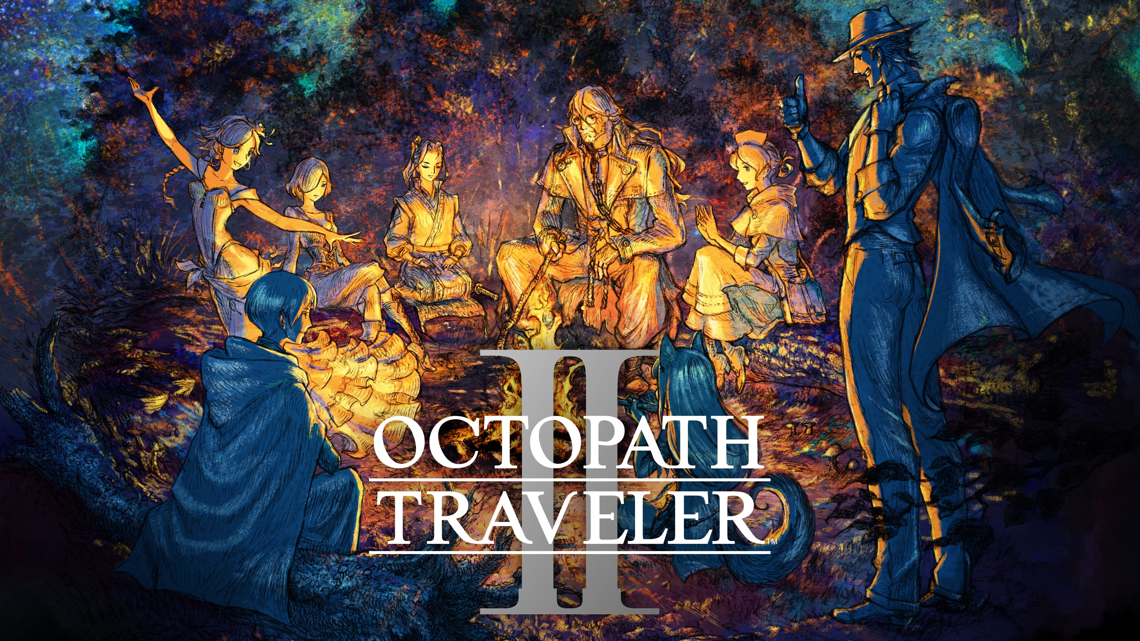 Eight travelers gather around a campfire beneath the OCTOPATH TRAVELER II title.